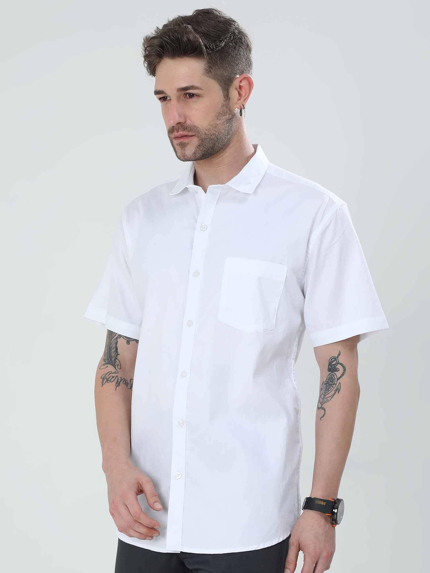 Bright White Solid Half Sleeve Shirt - Guniaa Fashions