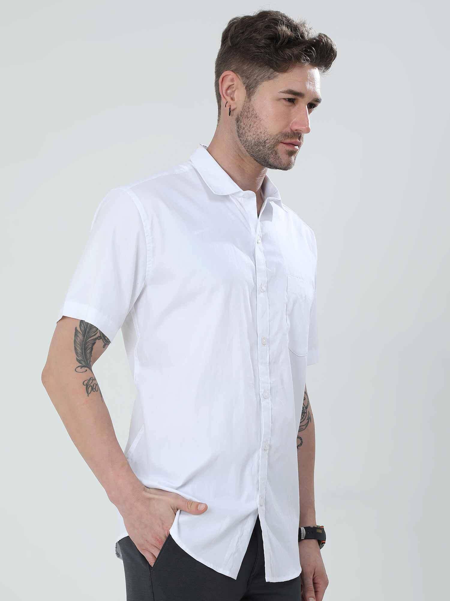 Bright White Solid Half Sleeve Shirt - Guniaa Fashions