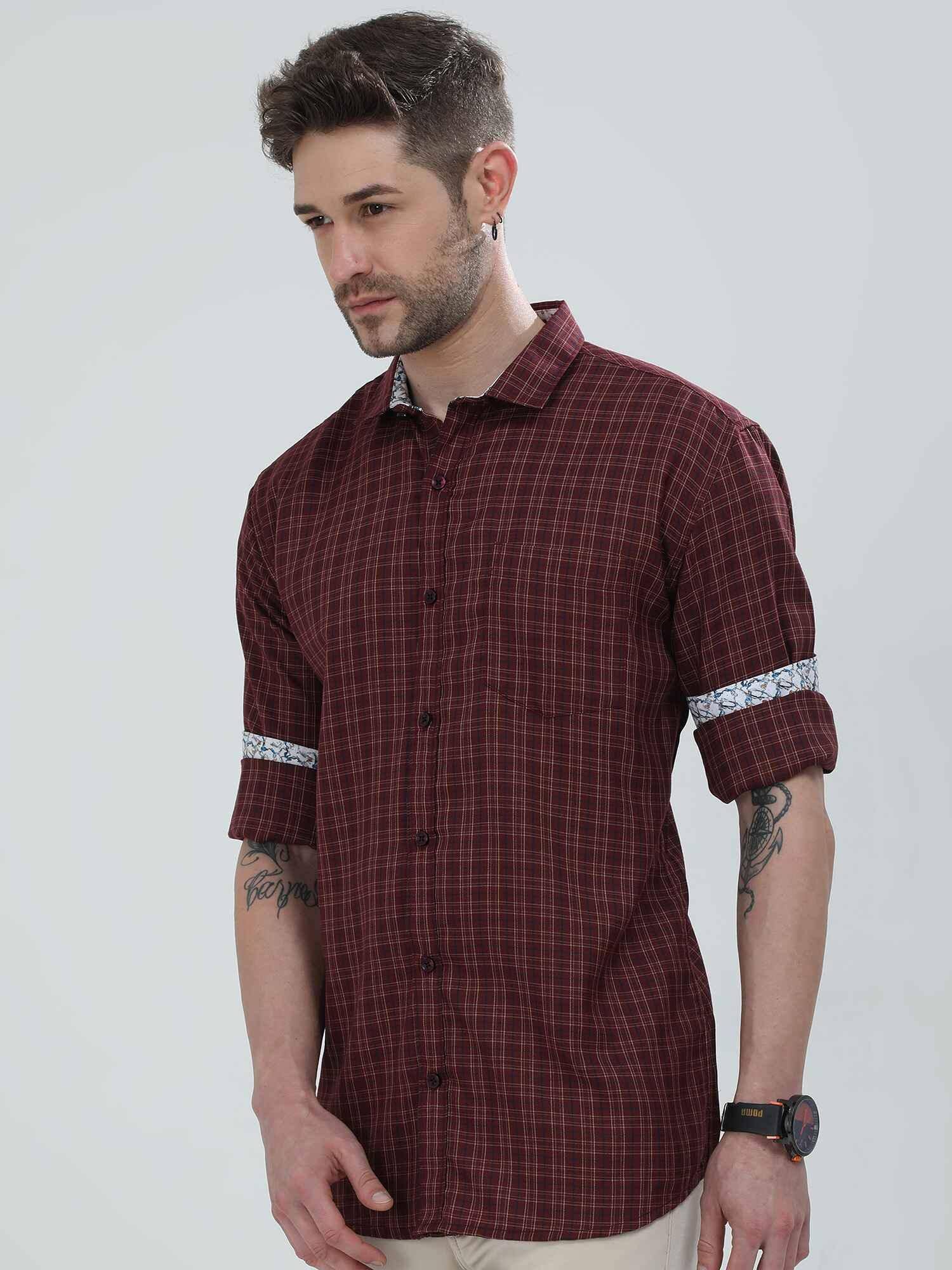 Brown Checkered Cotton Full Shirt - Guniaa Fashions