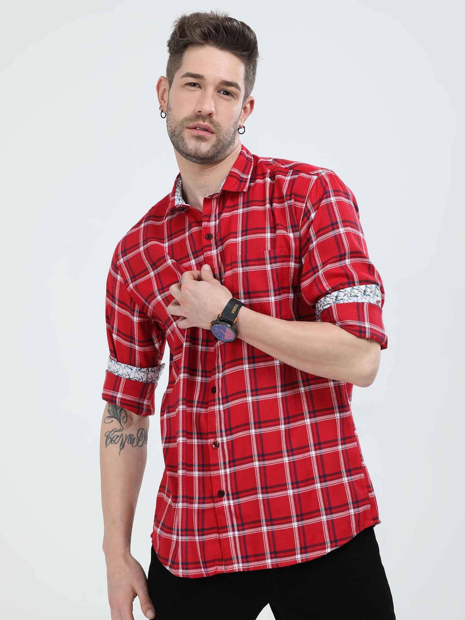 Candy Red Checkered Cotton Shirt - Guniaa Fashions