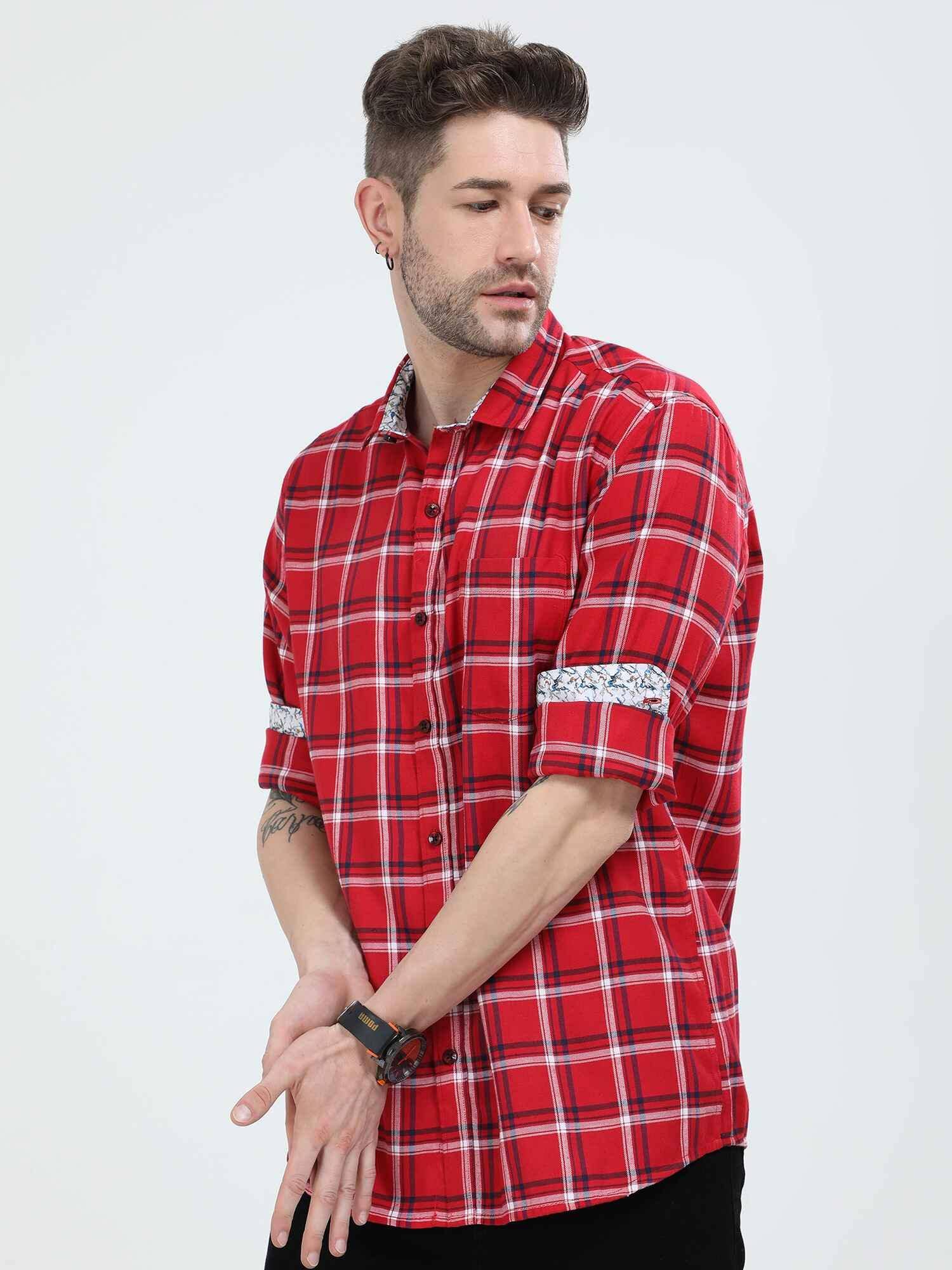 Candy Red Checkered Cotton Shirt - Guniaa Fashions