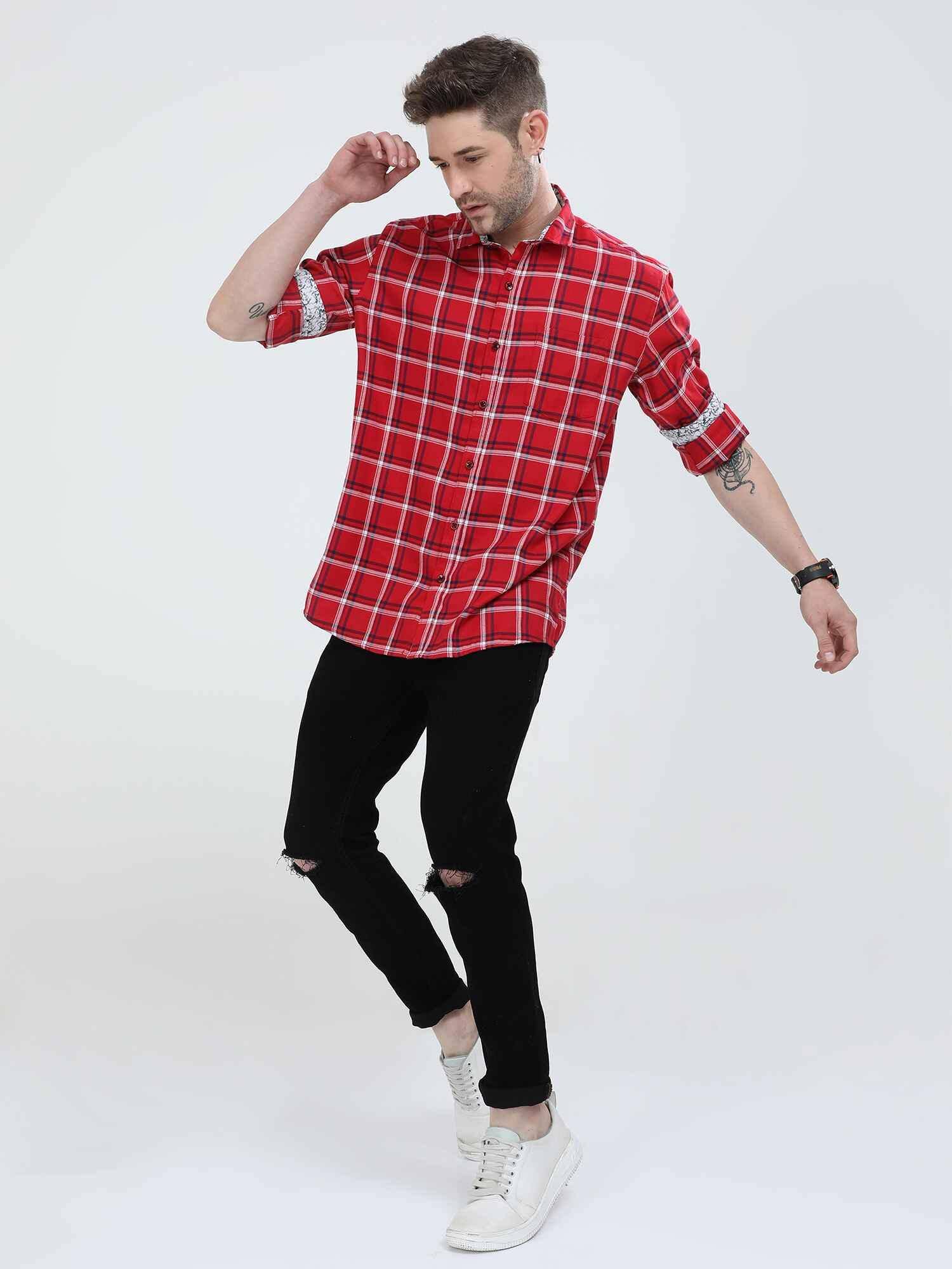 Candy Red Checkered Cotton Shirt - Guniaa Fashions