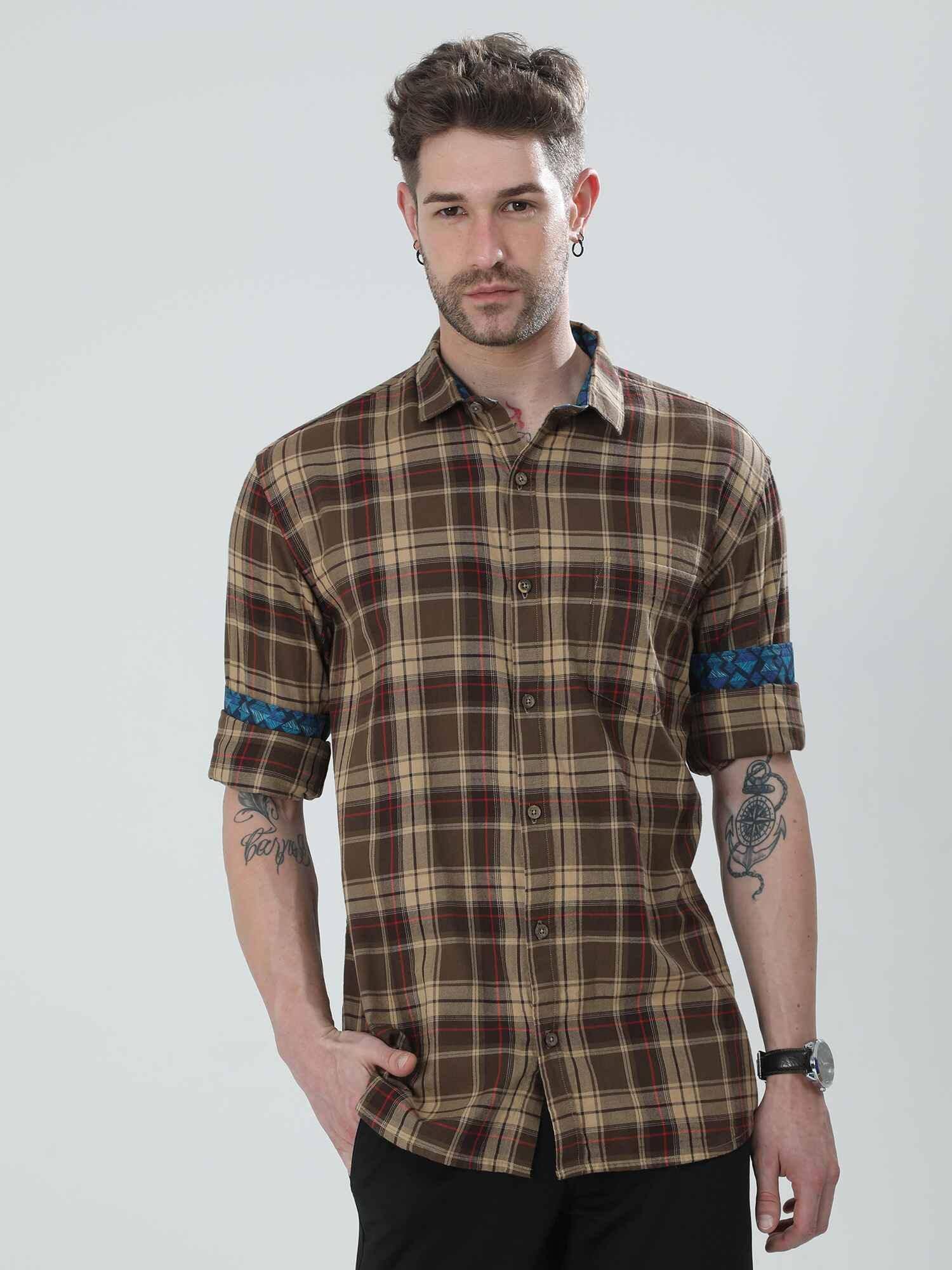 Caramel Checkered Cotton Shirt - Guniaa Fashions