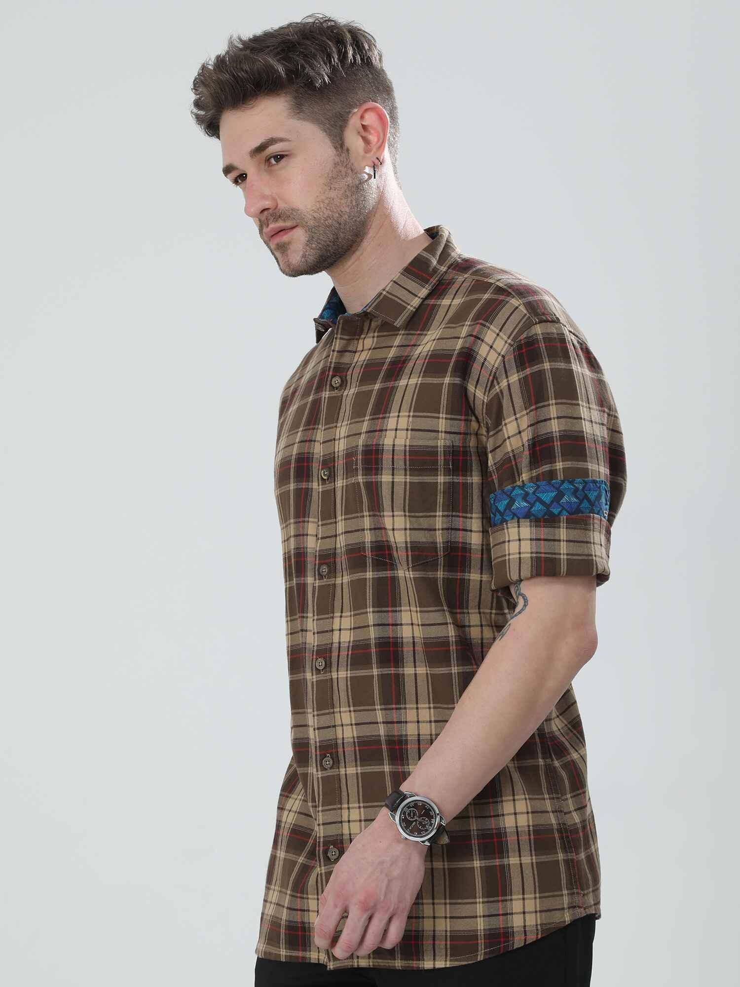 Caramel Checkered Cotton Shirt - Guniaa Fashions