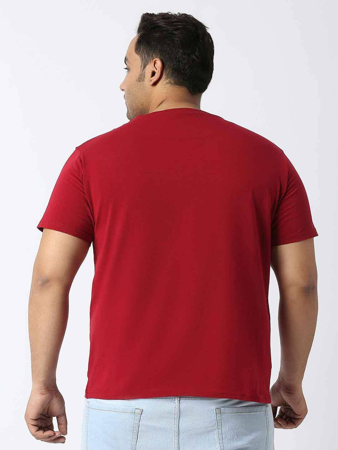 Carmine Red Round Neck Cotton Lycra Tshirt Plus Size - Guniaa Fashions