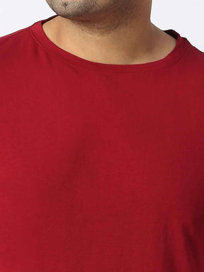 Carmine Red Round Neck Cotton Lycra Tshirt Plus Size - Guniaa Fashions