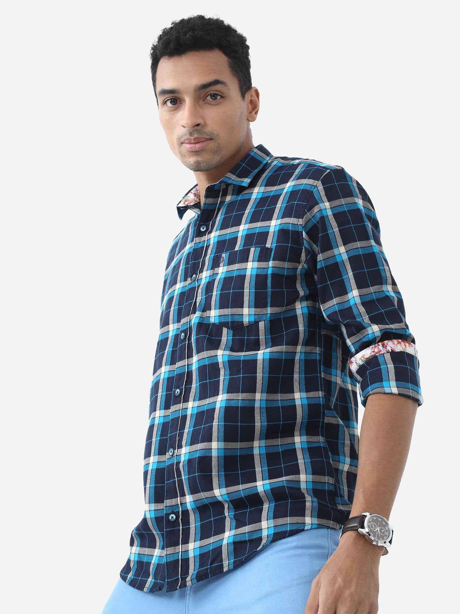 Classic Navy Checks Digital Printed Full Shirt - Guniaa Fashions