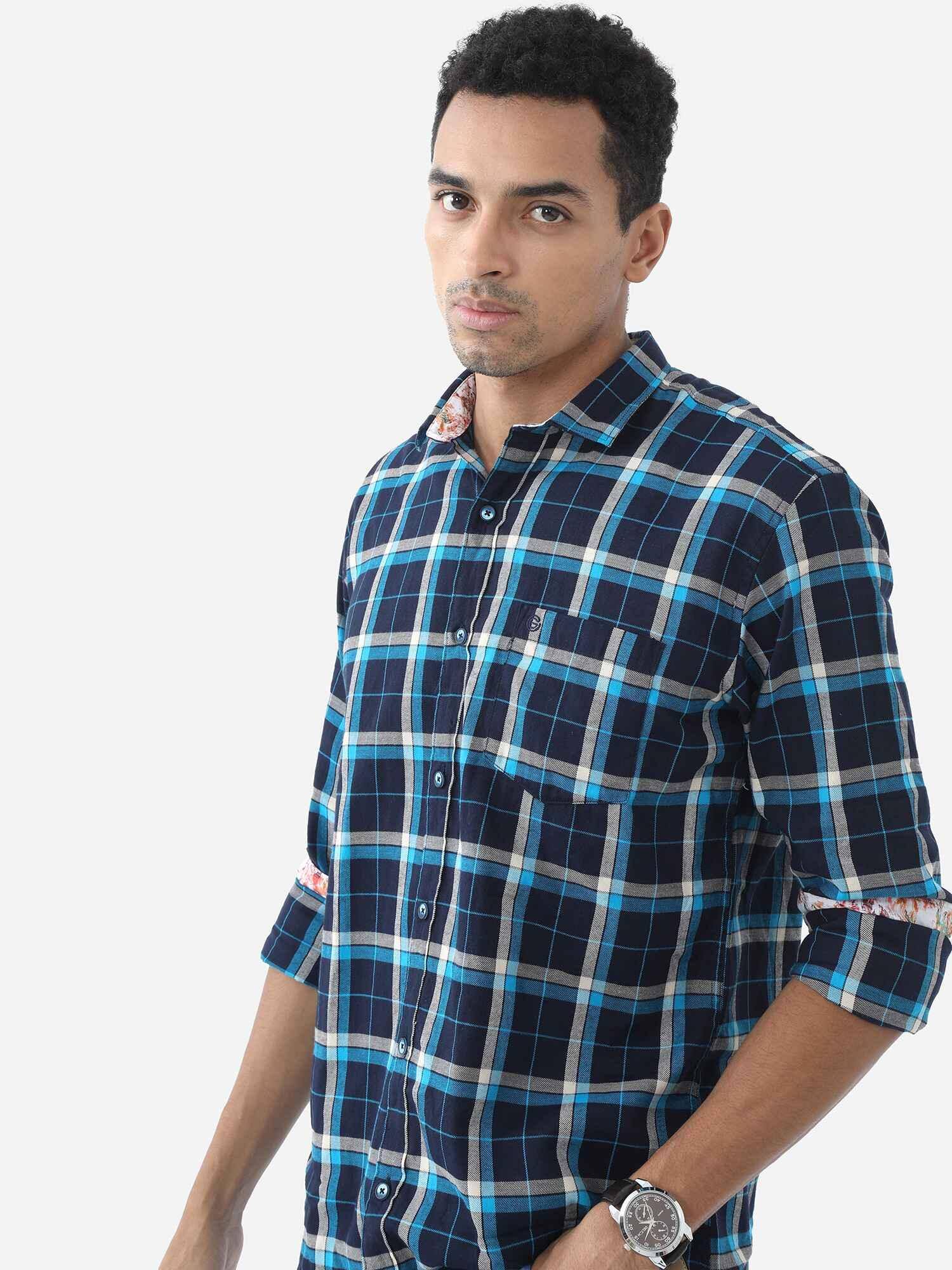 Classic Navy Checks Digital Printed Full Shirt - Guniaa Fashions