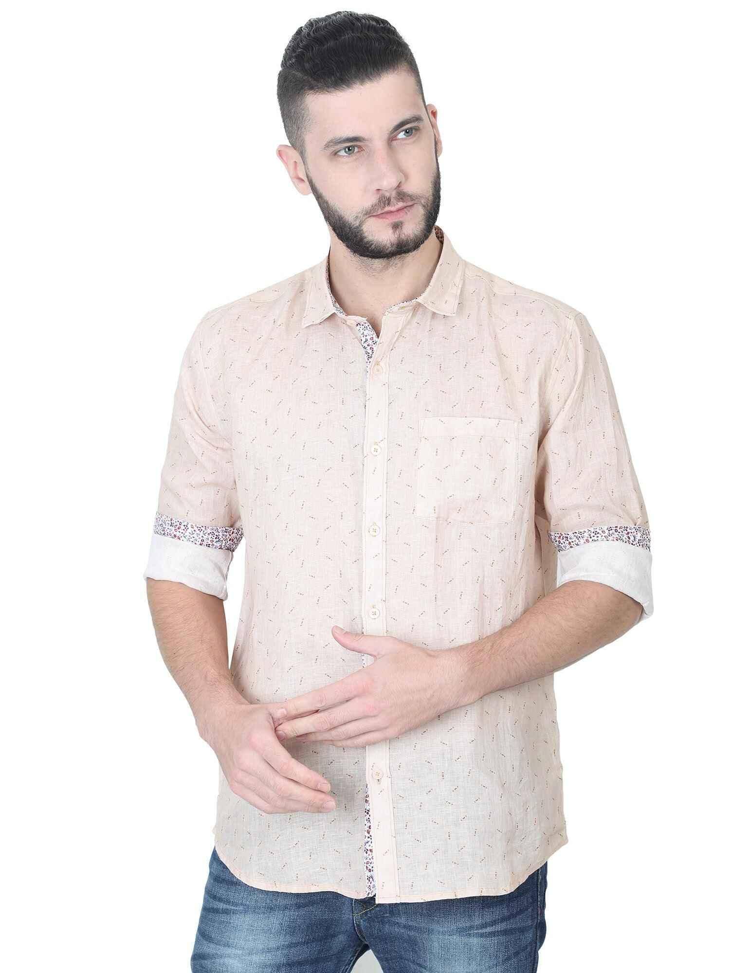 Cream Linen Printed Casual Shirt - Guniaa Fashions