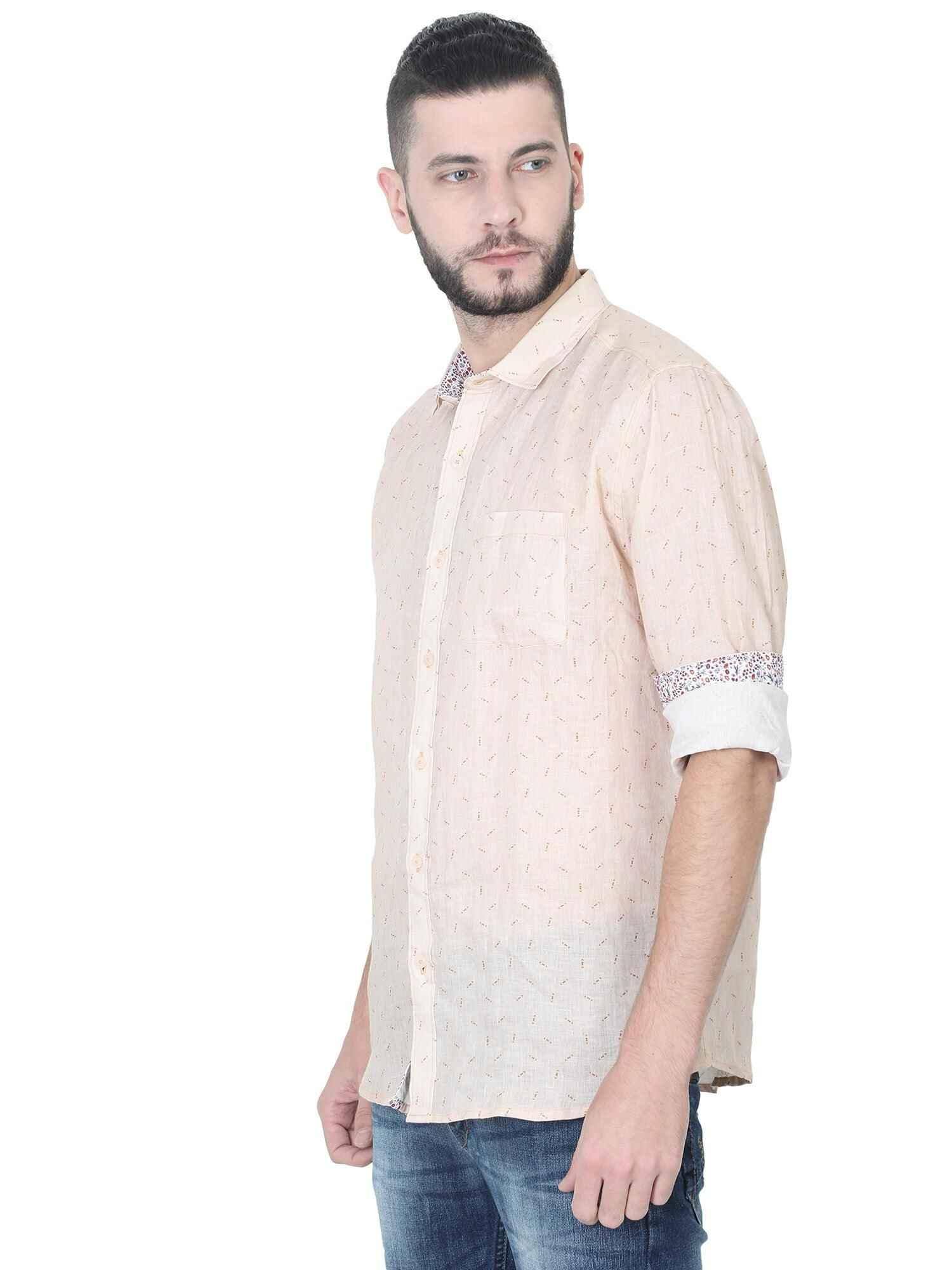 Cream Linen Printed Casual Shirt - Guniaa Fashions