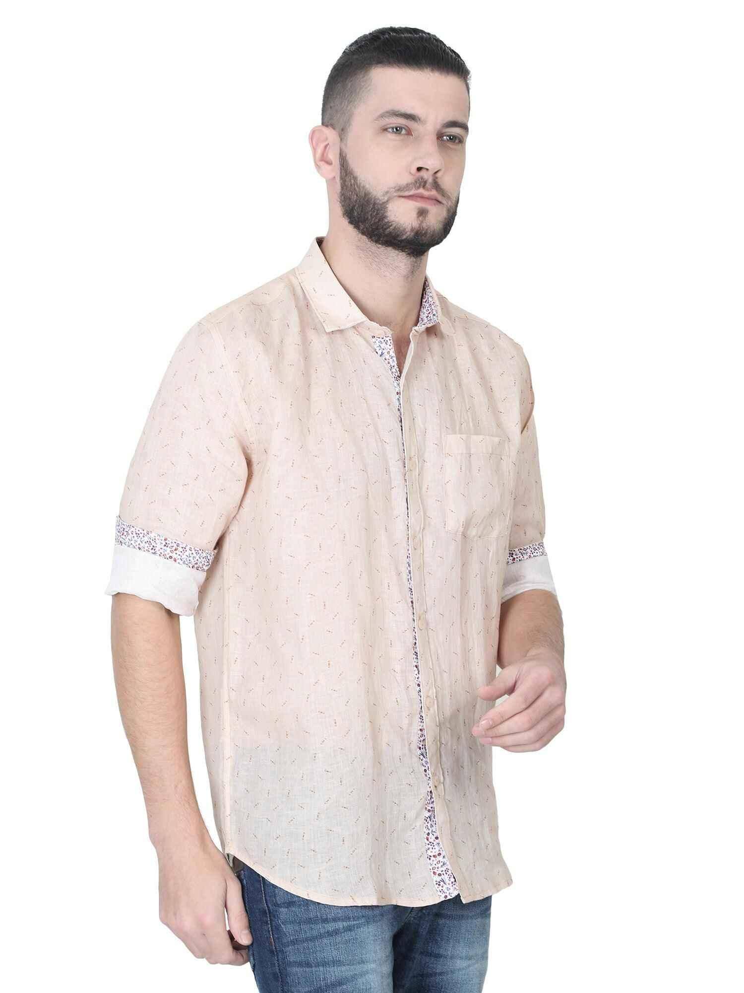 Cream Linen Printed Casual Shirt - Guniaa Fashions