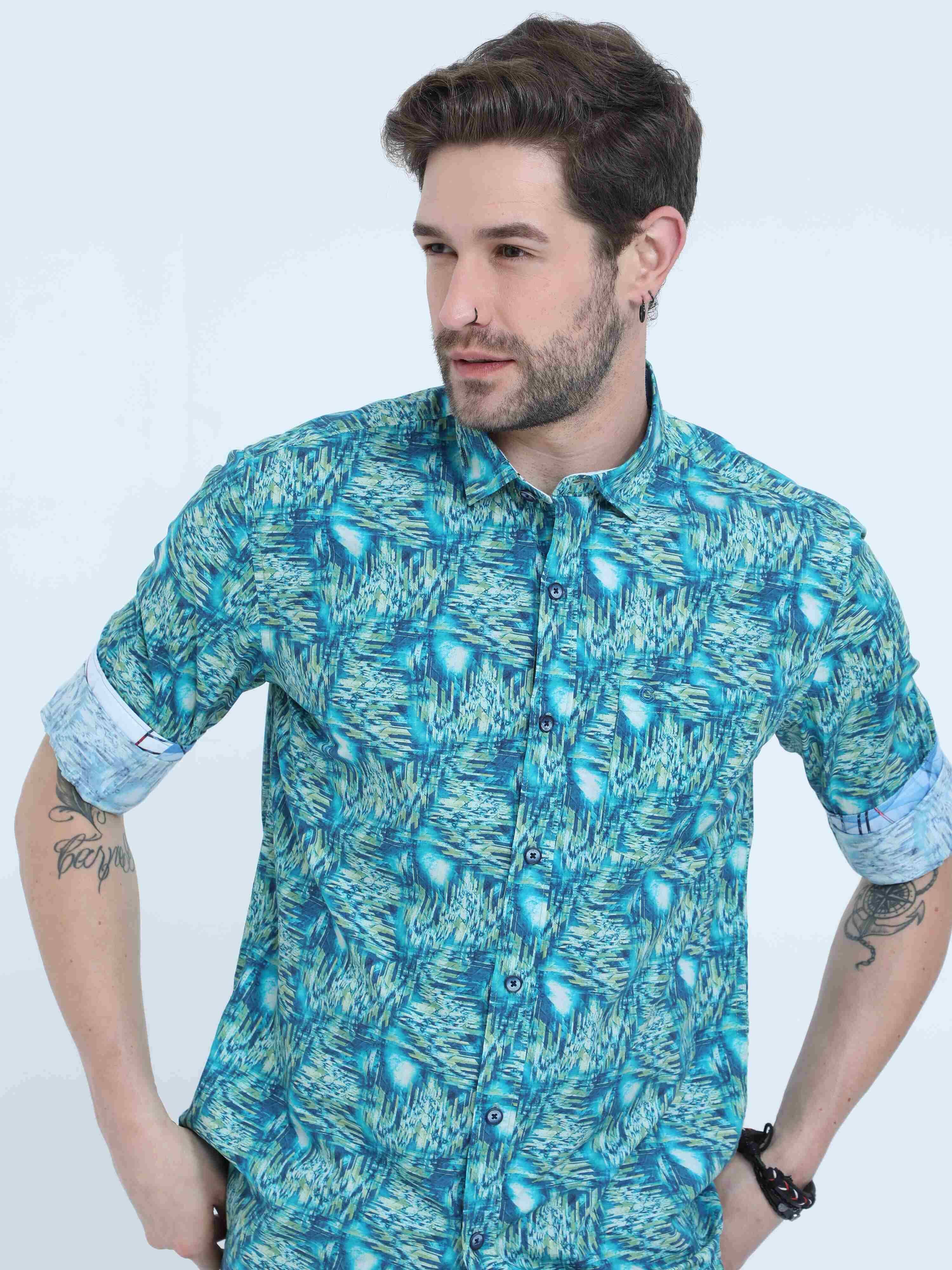 Cyan Abstract Digital Printed Full Shirt - Guniaa Fashions