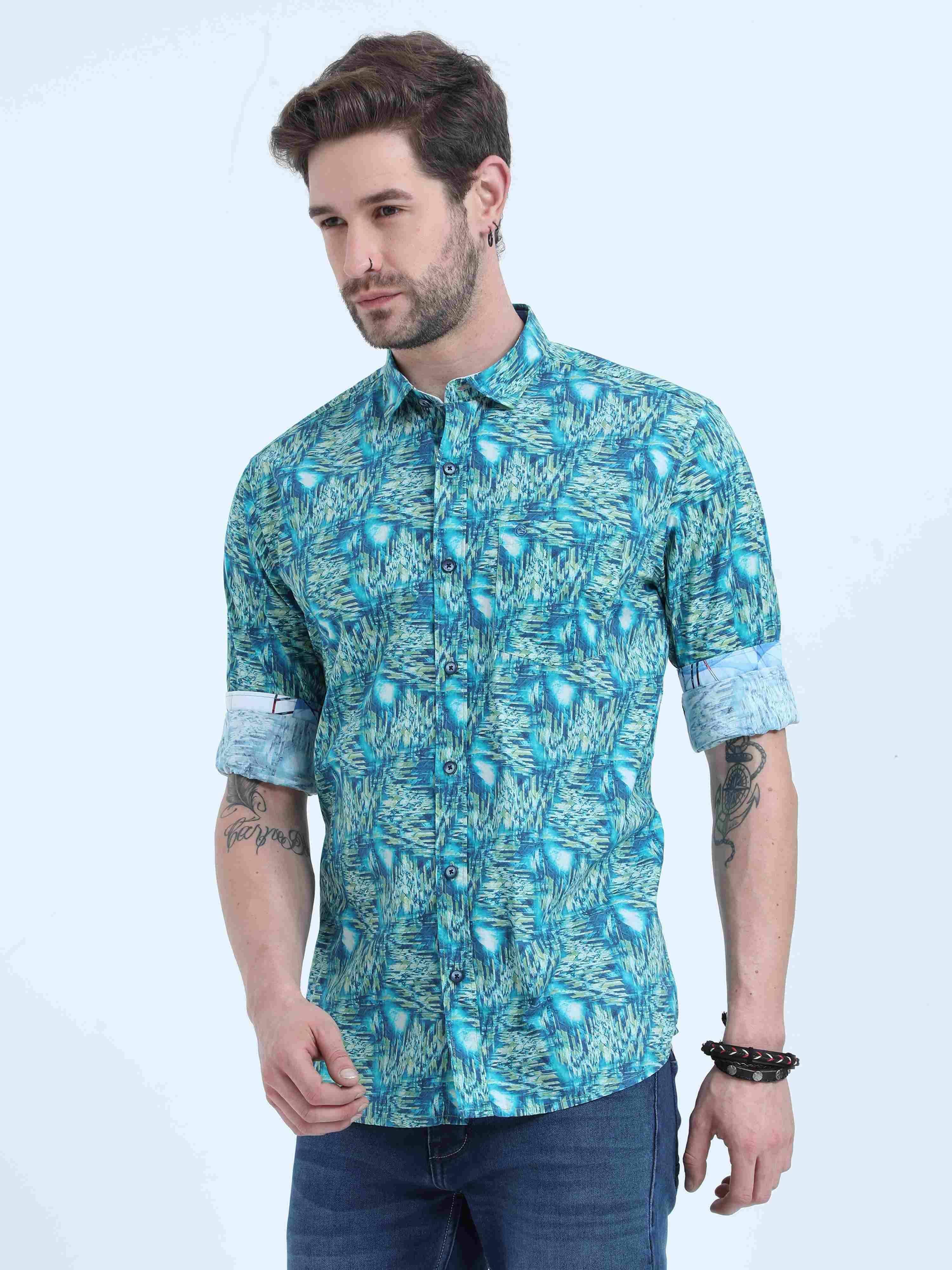 Cyan Abstract Digital Printed Full Shirt - Guniaa Fashions