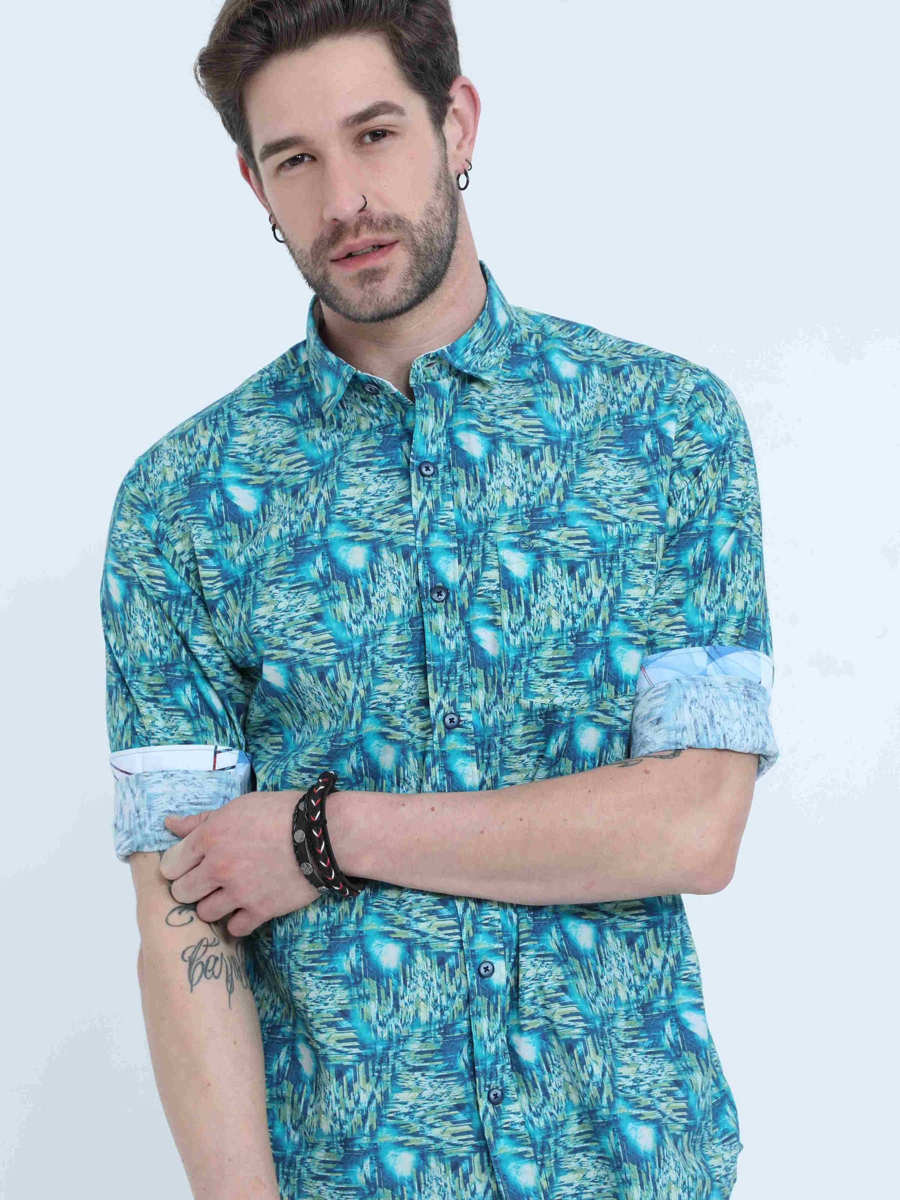 Cyan Abstract Digital Printed Full Shirt - Guniaa Fashions