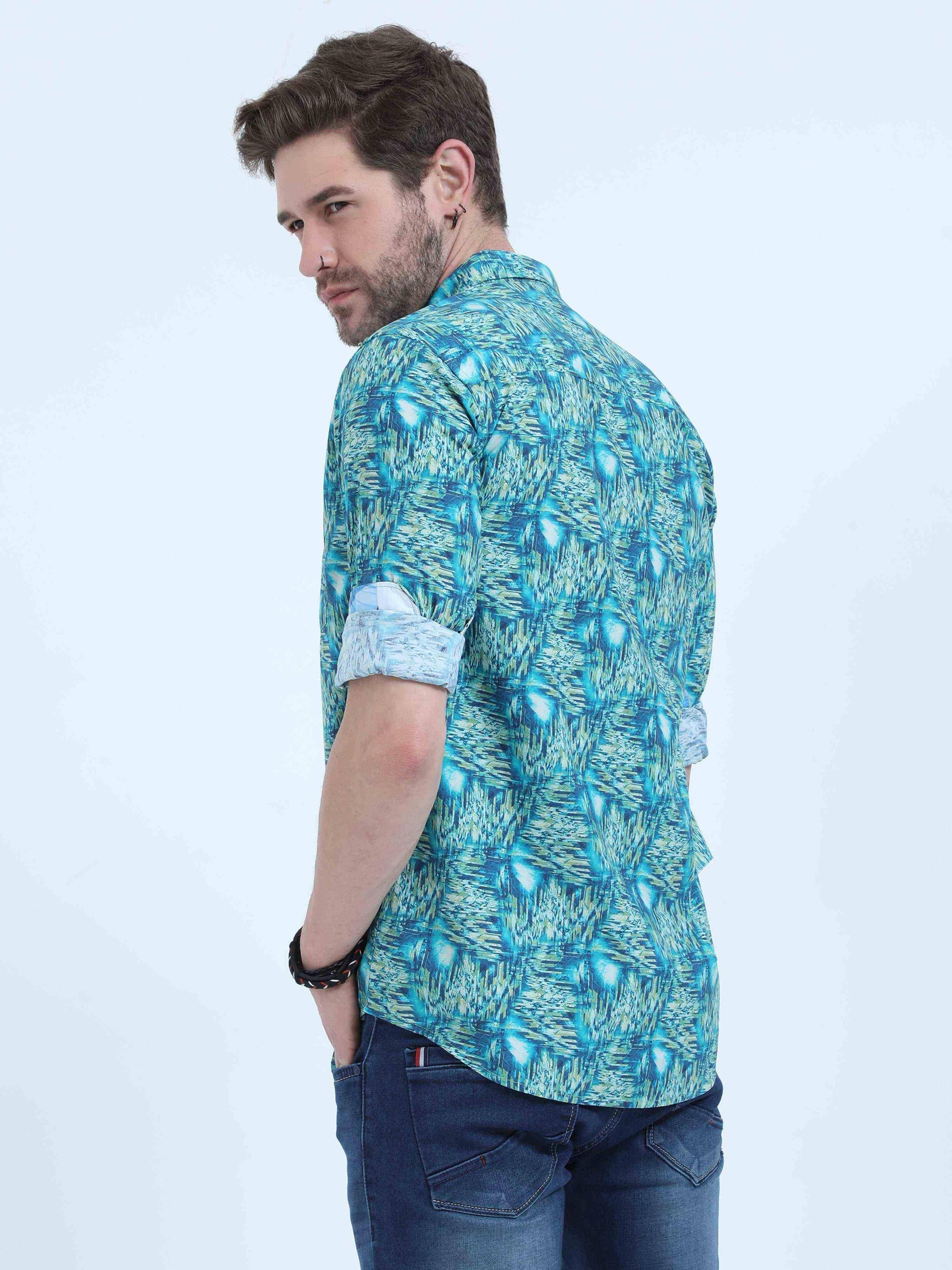Cyan Abstract Digital Printed Full Shirt - Guniaa Fashions