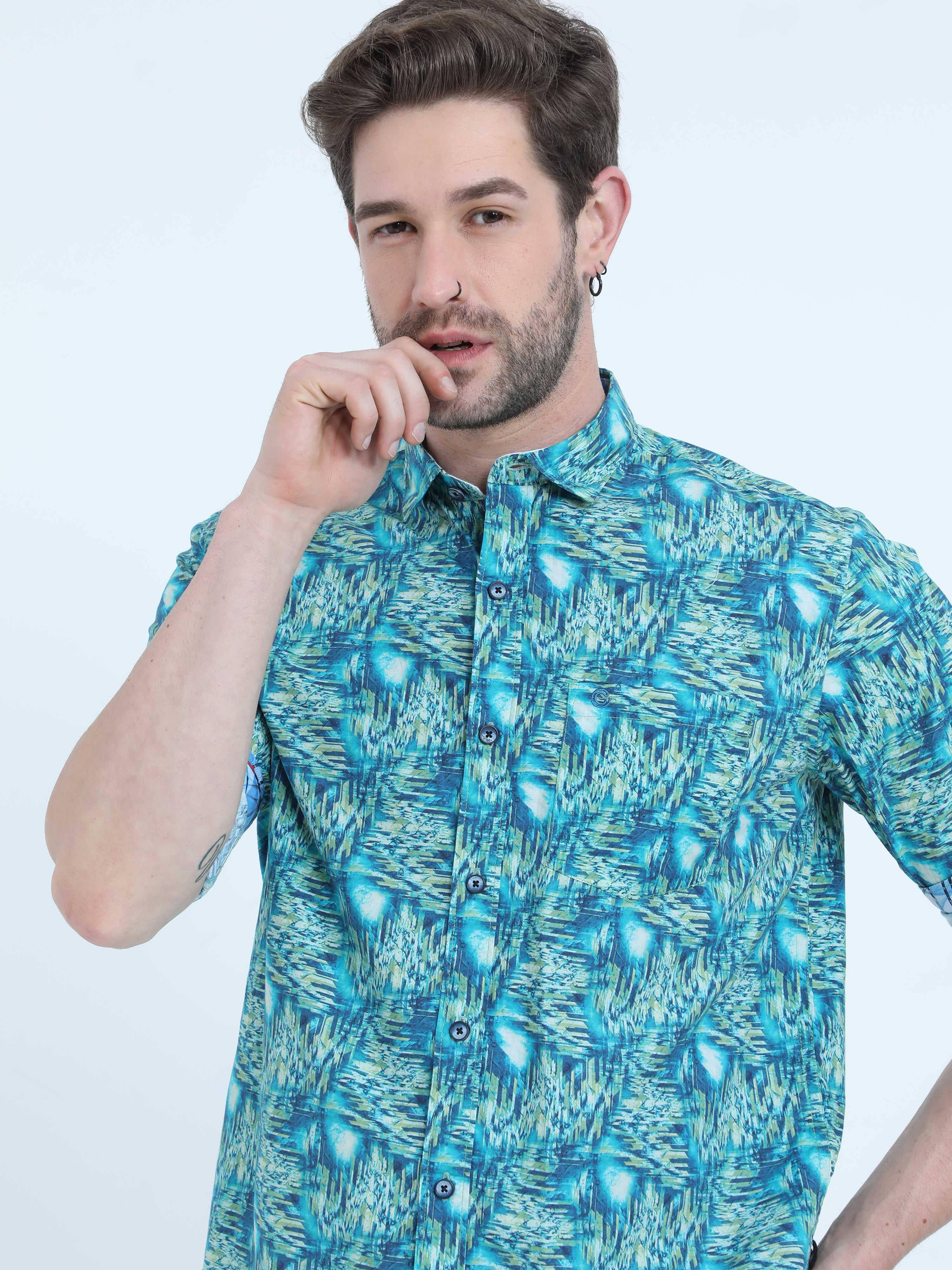 Cyan Abstract Digital Printed Full Shirt - Guniaa Fashions