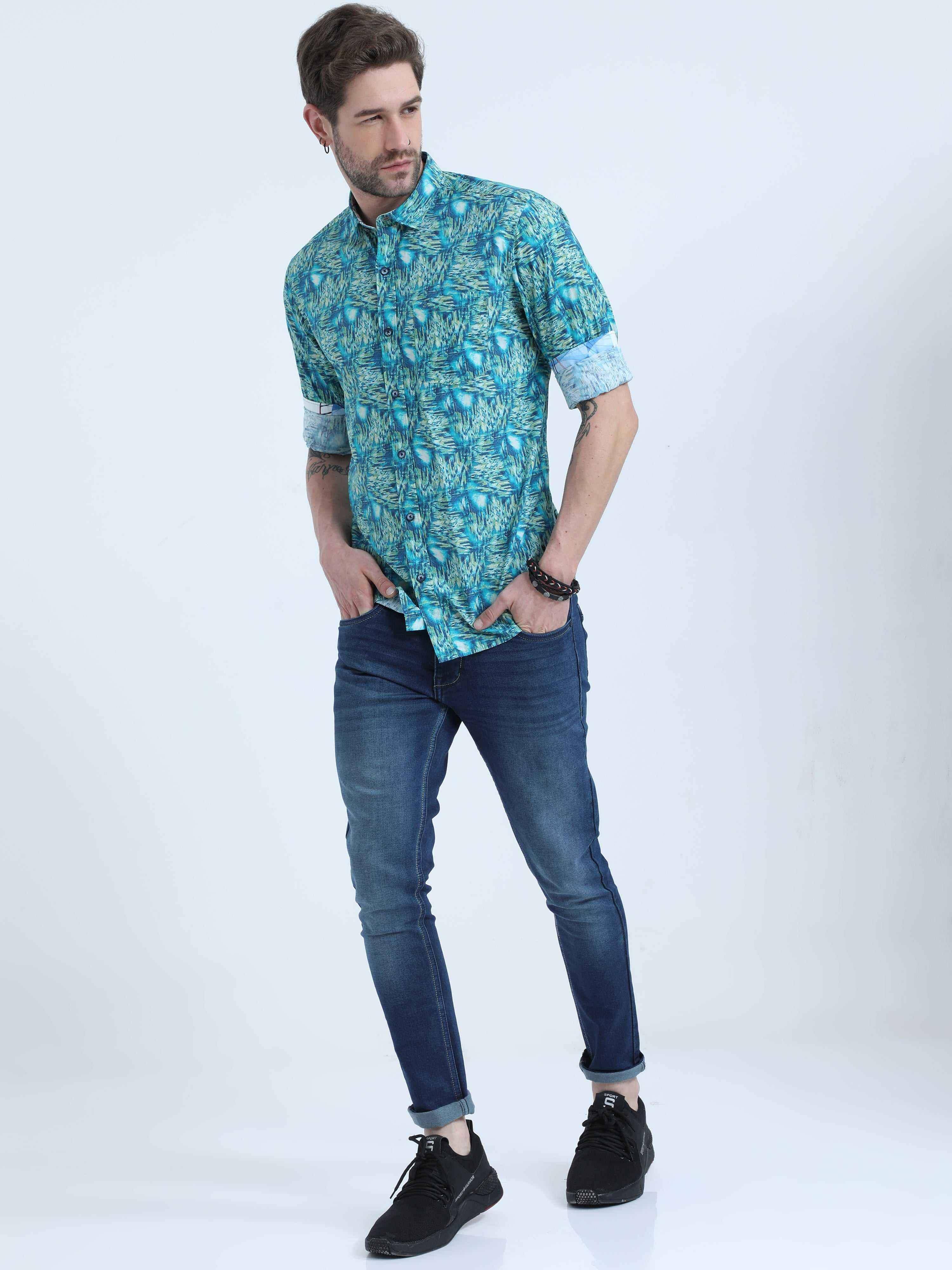 Cyan Abstract Digital Printed Full Shirt - Guniaa Fashions