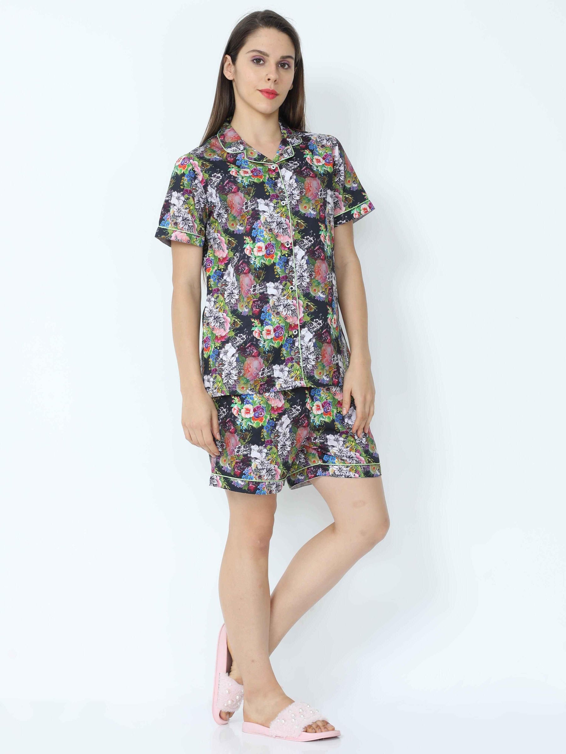 Ebony Black Floral Digital Printed Half Sleeve Co-Ords - Guniaa Fashions