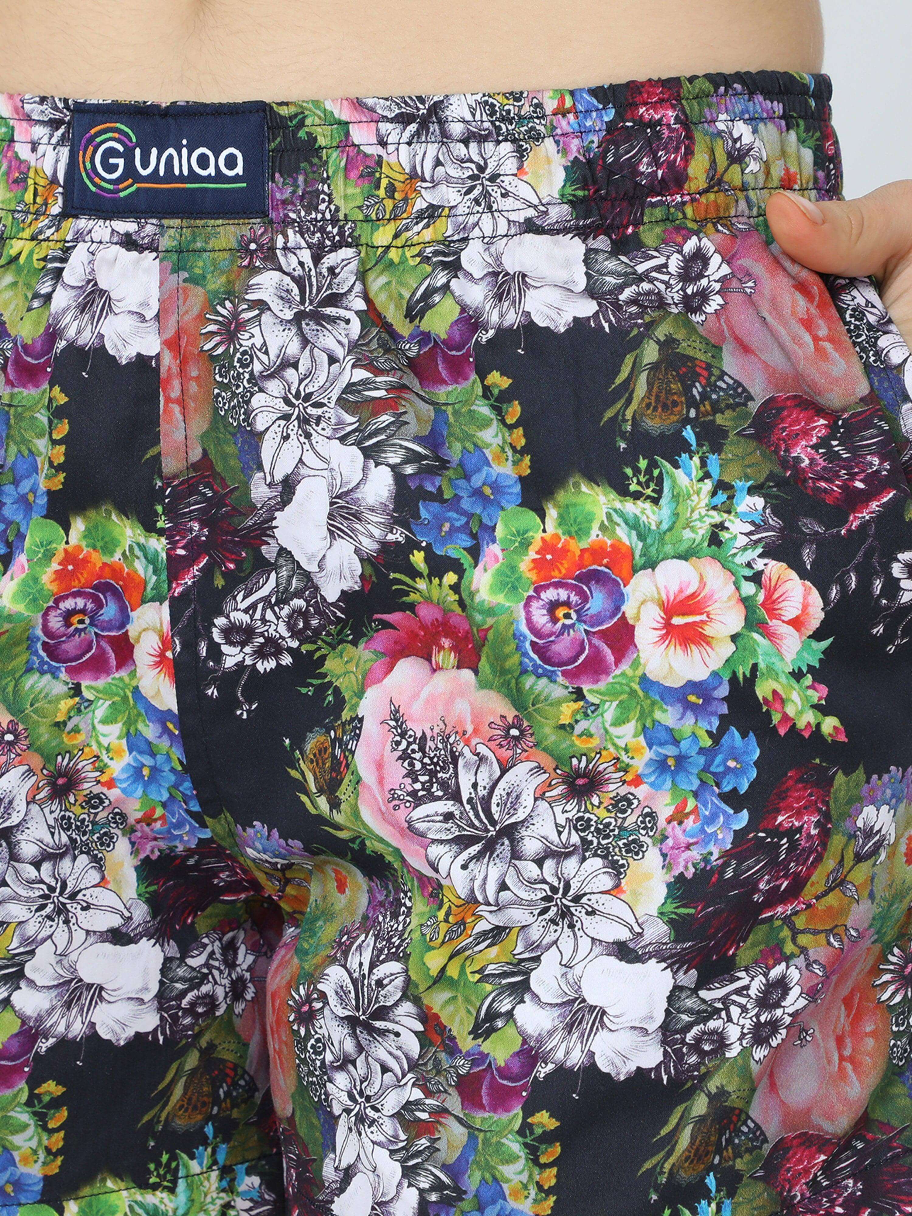 Ebony Black Floral Printed Boxer - Guniaa Fashions