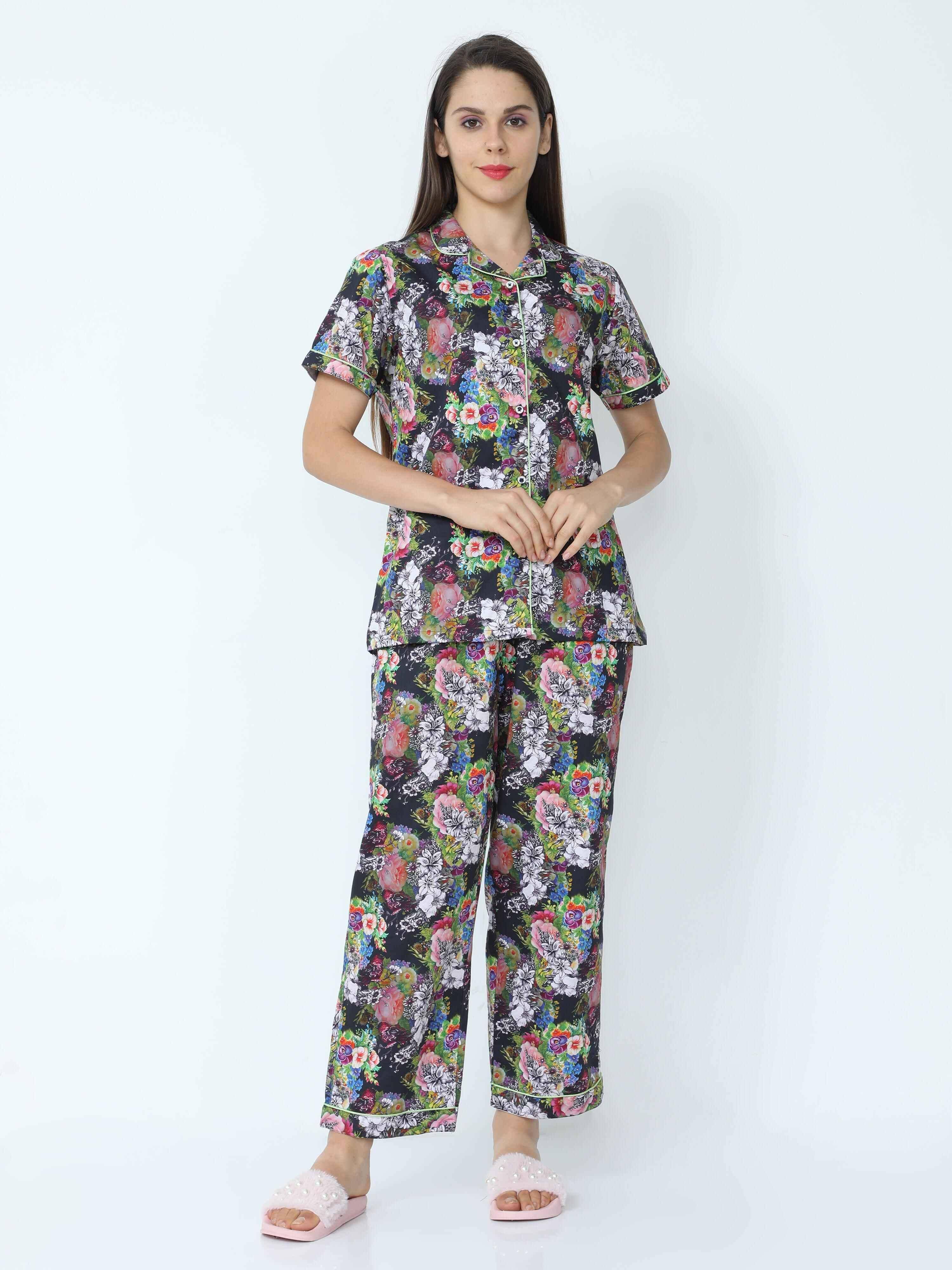 Ebony Black Floral Printed Night Suit Set - Guniaa Fashions