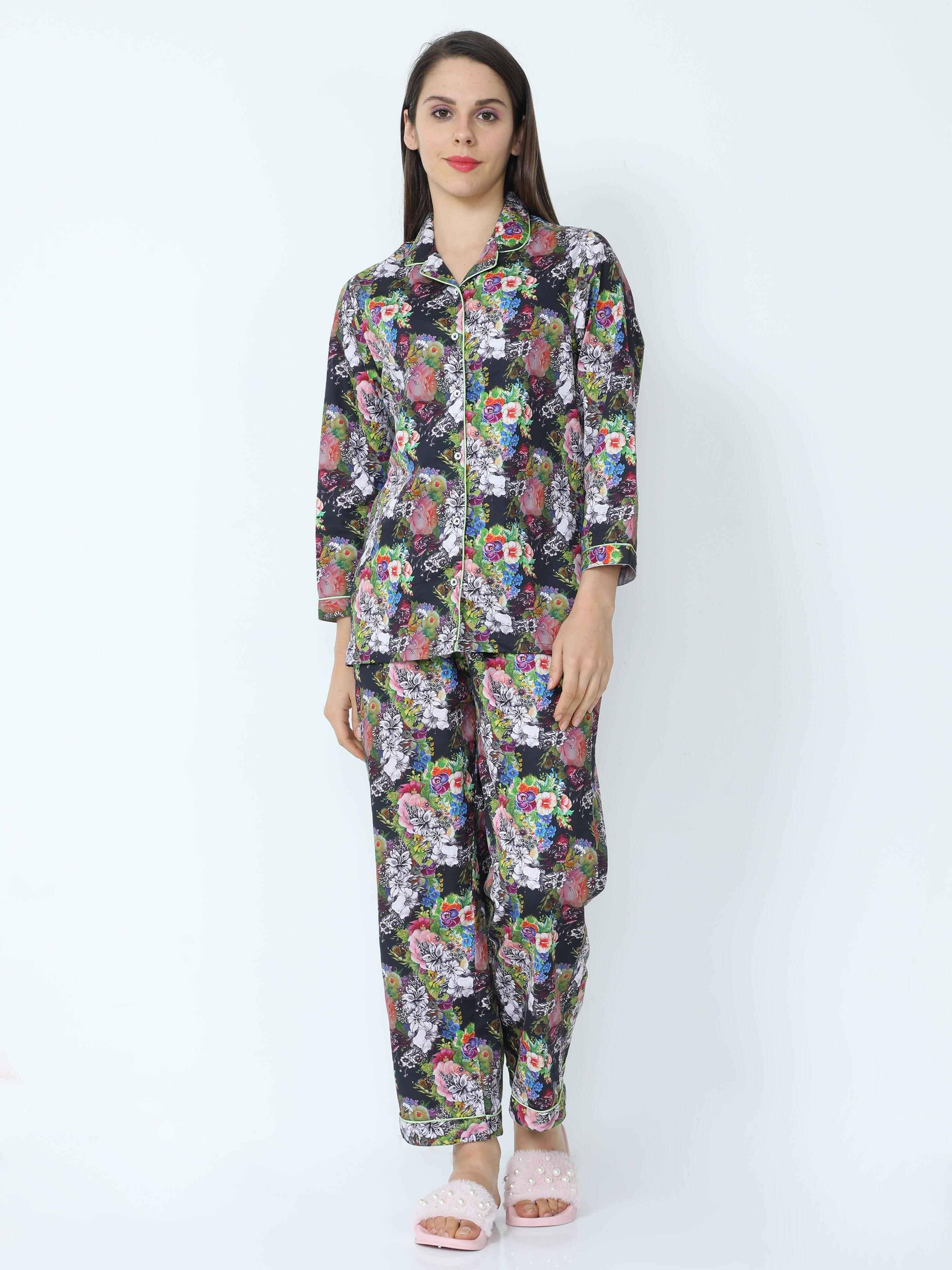 Ebony Black Floral Printed Night Suit Set - Guniaa Fashions