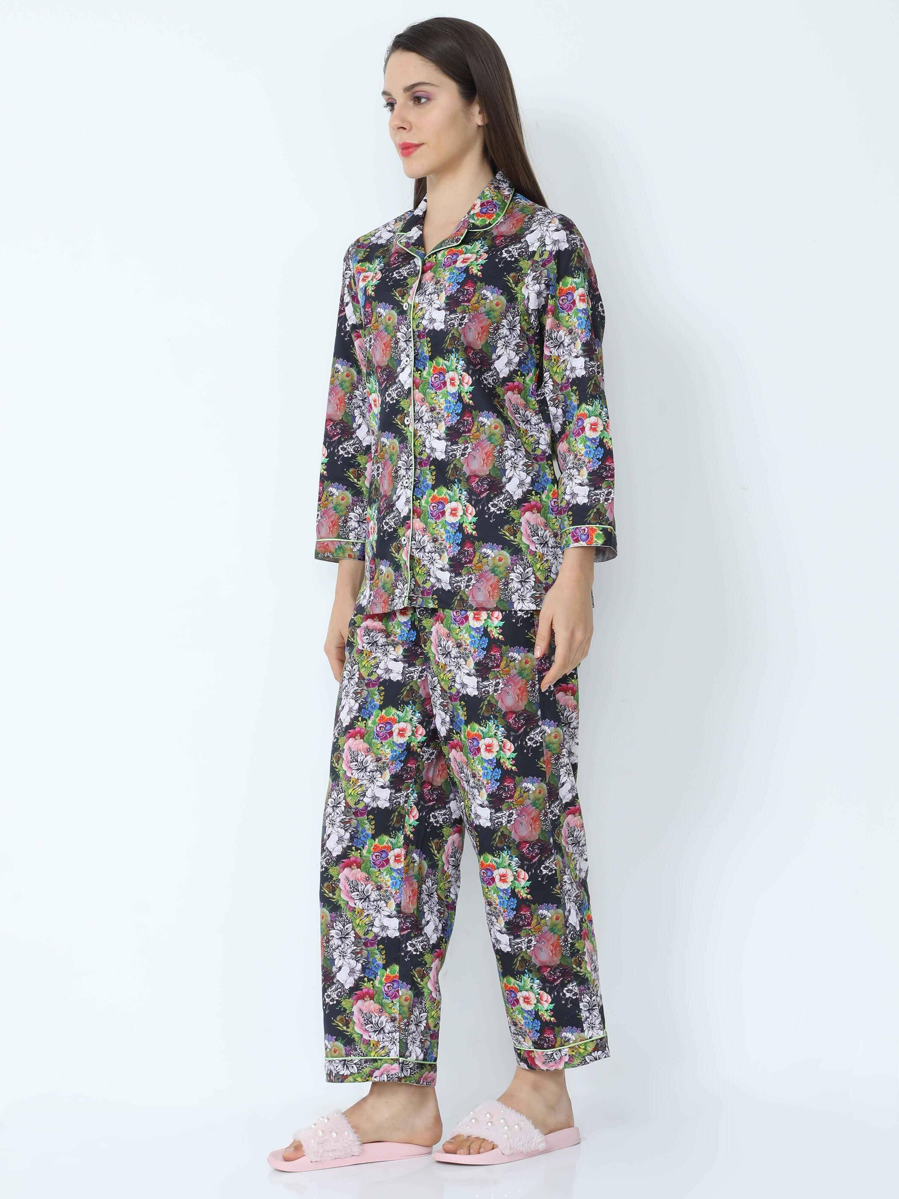 Ebony Black Floral Printed Night Suit Set - Guniaa Fashions