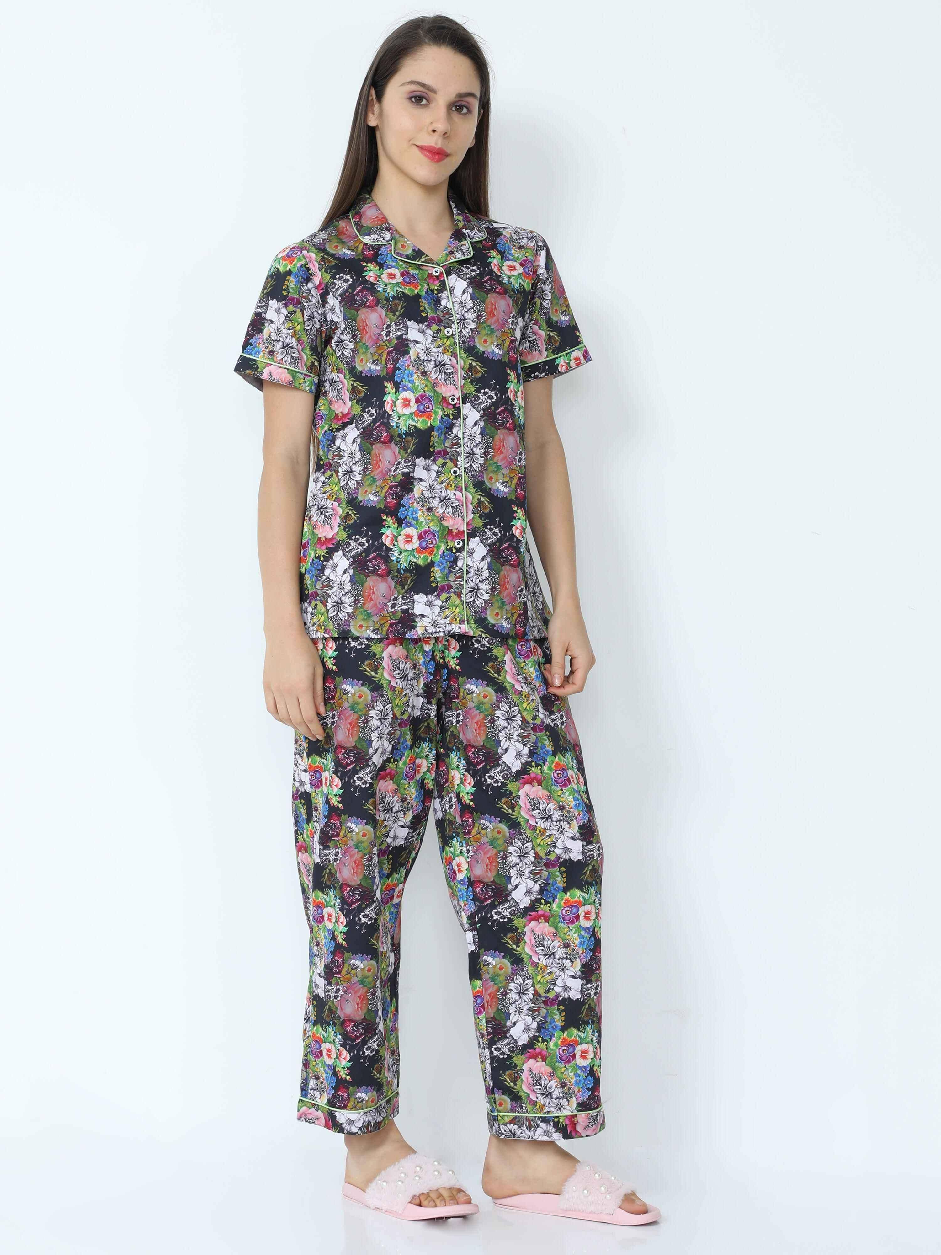 Ebony Black Floral Printed Night Suit Set - Guniaa Fashions