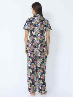 Ebony Black Floral Printed Night Suit Set - Guniaa Fashions