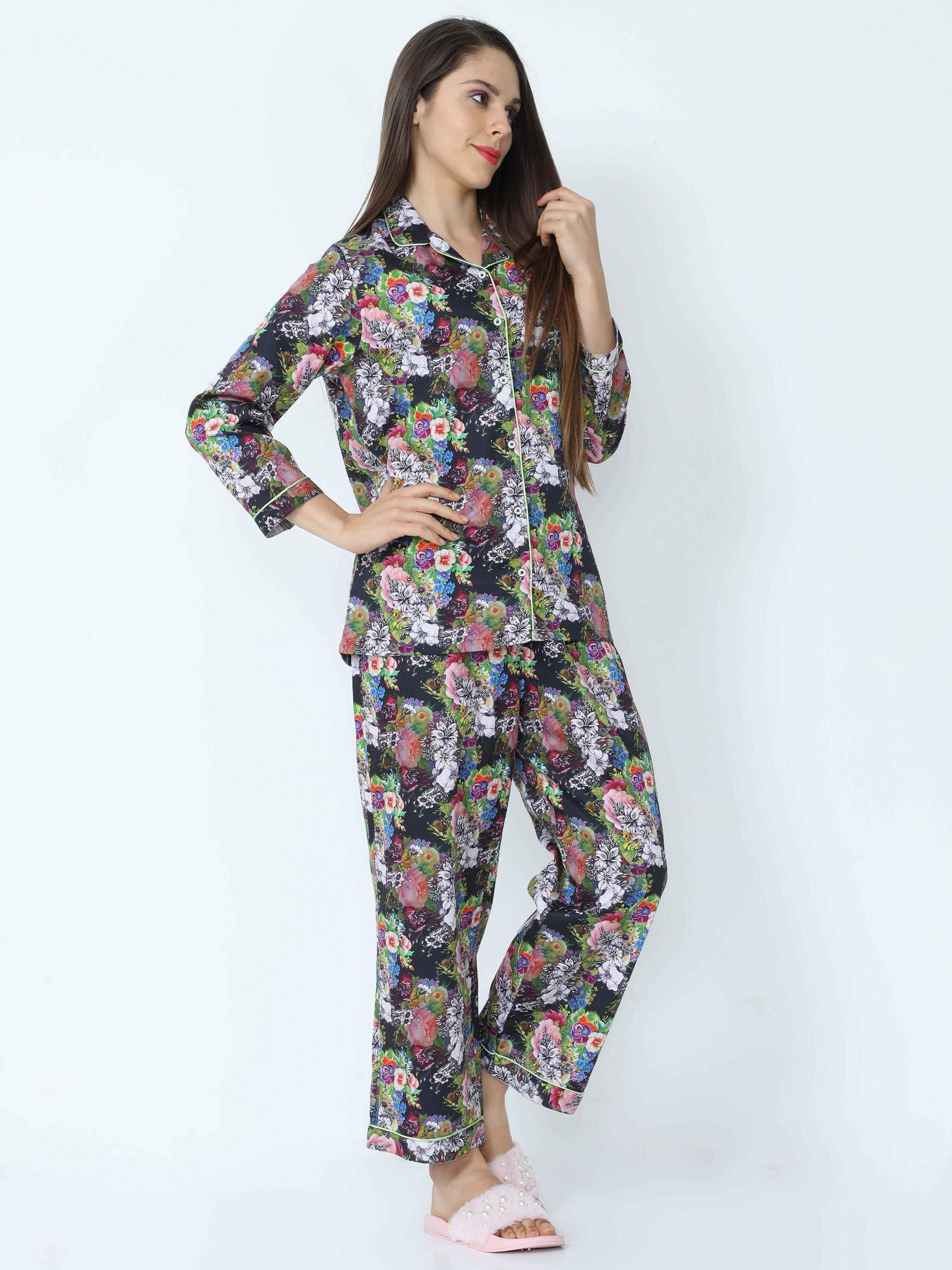 Ebony Black Floral Printed Night Suit Set - Guniaa Fashions