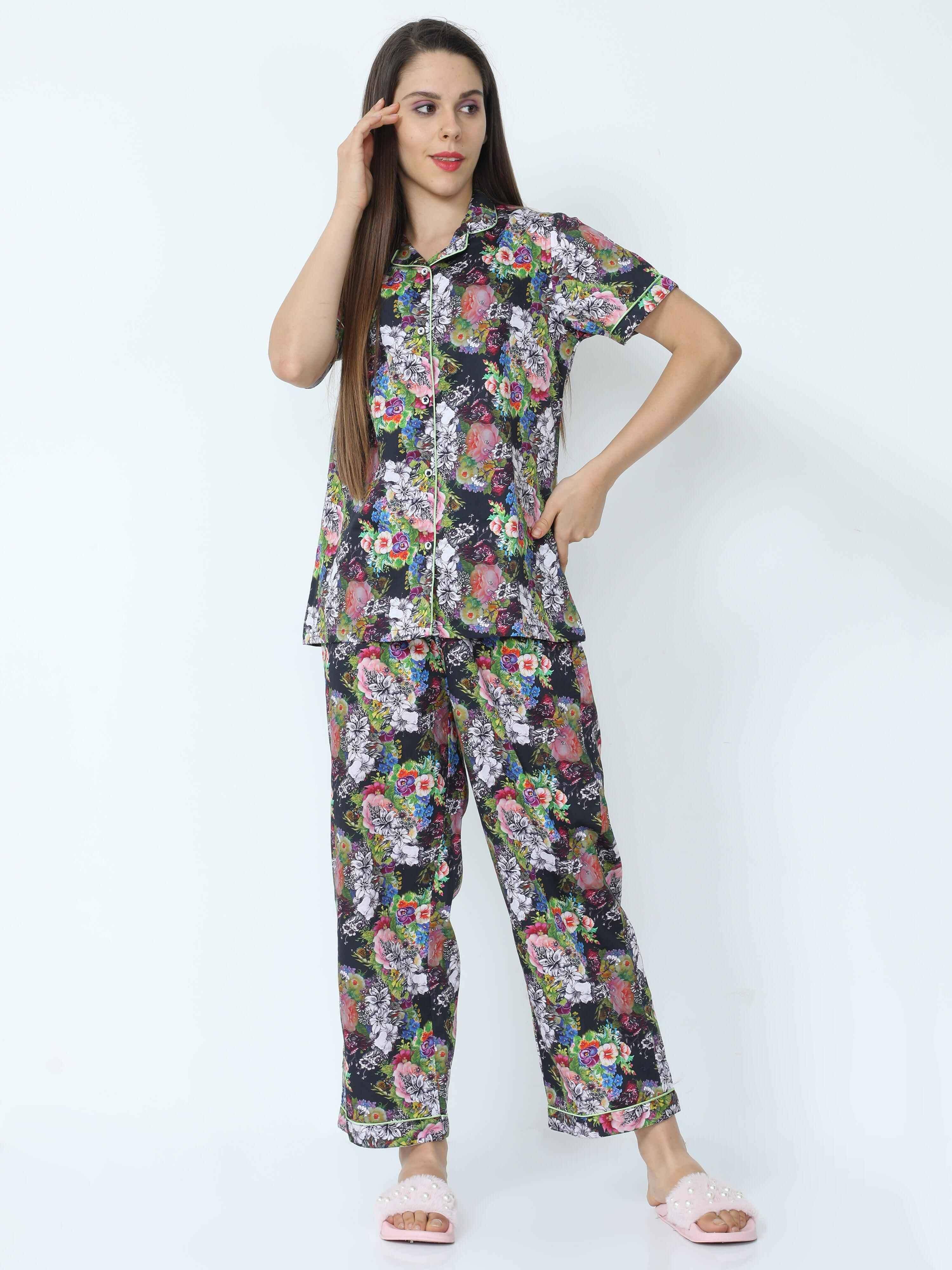 Ebony Black Floral Printed Night Suit Set - Guniaa Fashions