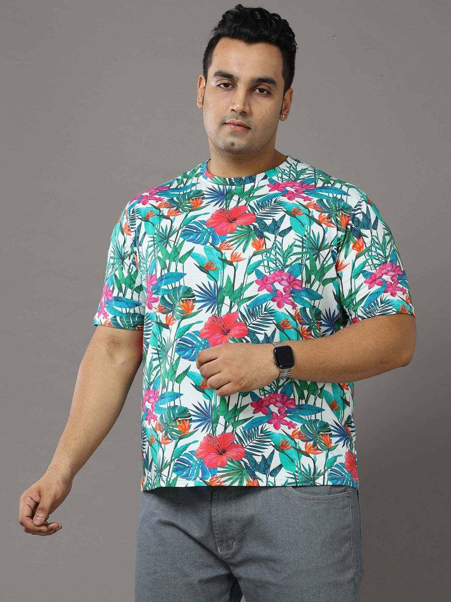 Floral Digital Printed Round Neck T-Shirt Men's Plus Size - Guniaa Fashions
