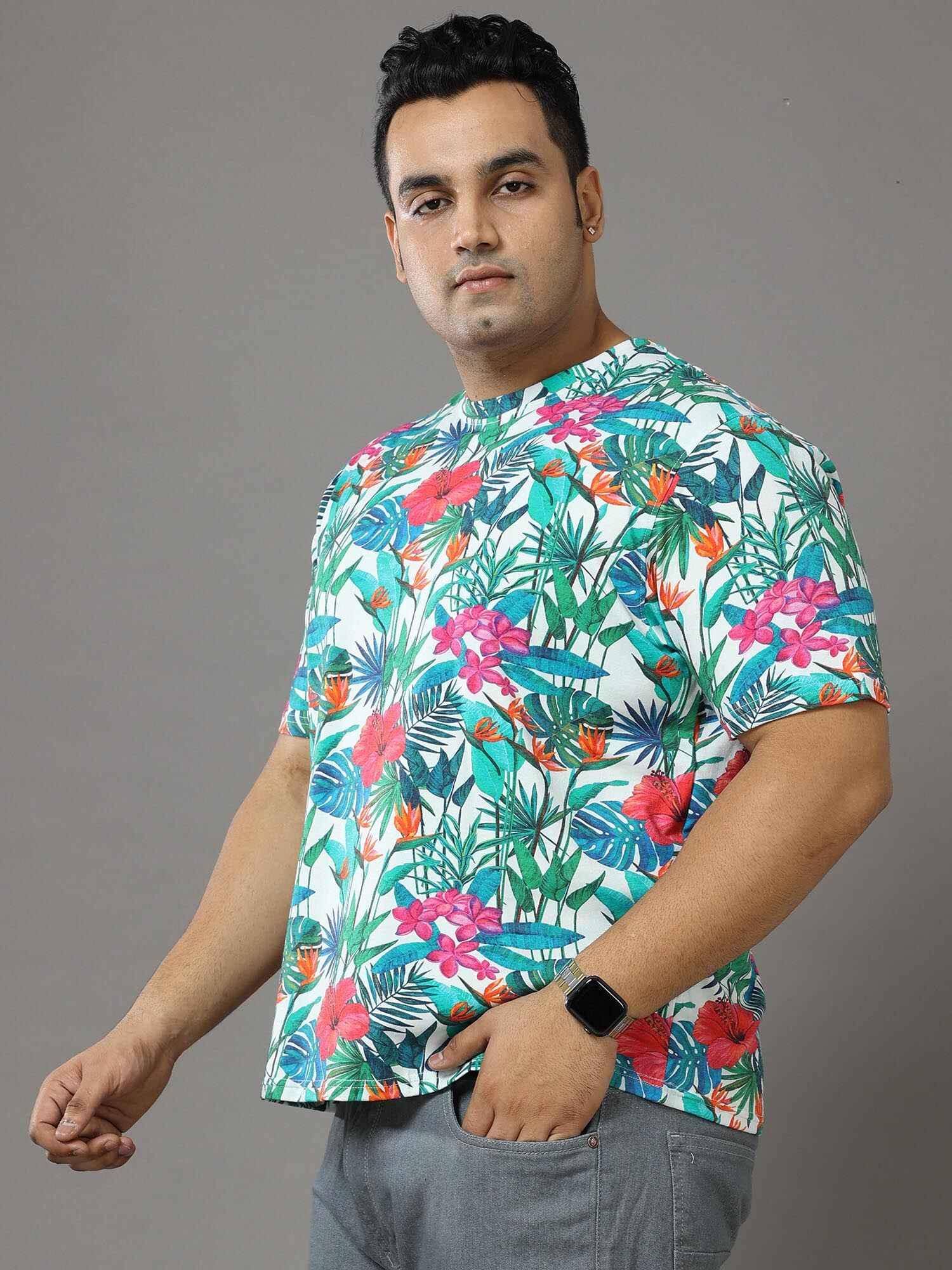 Floral Digital Printed Round Neck T-Shirt Men's Plus Size - Guniaa Fashions