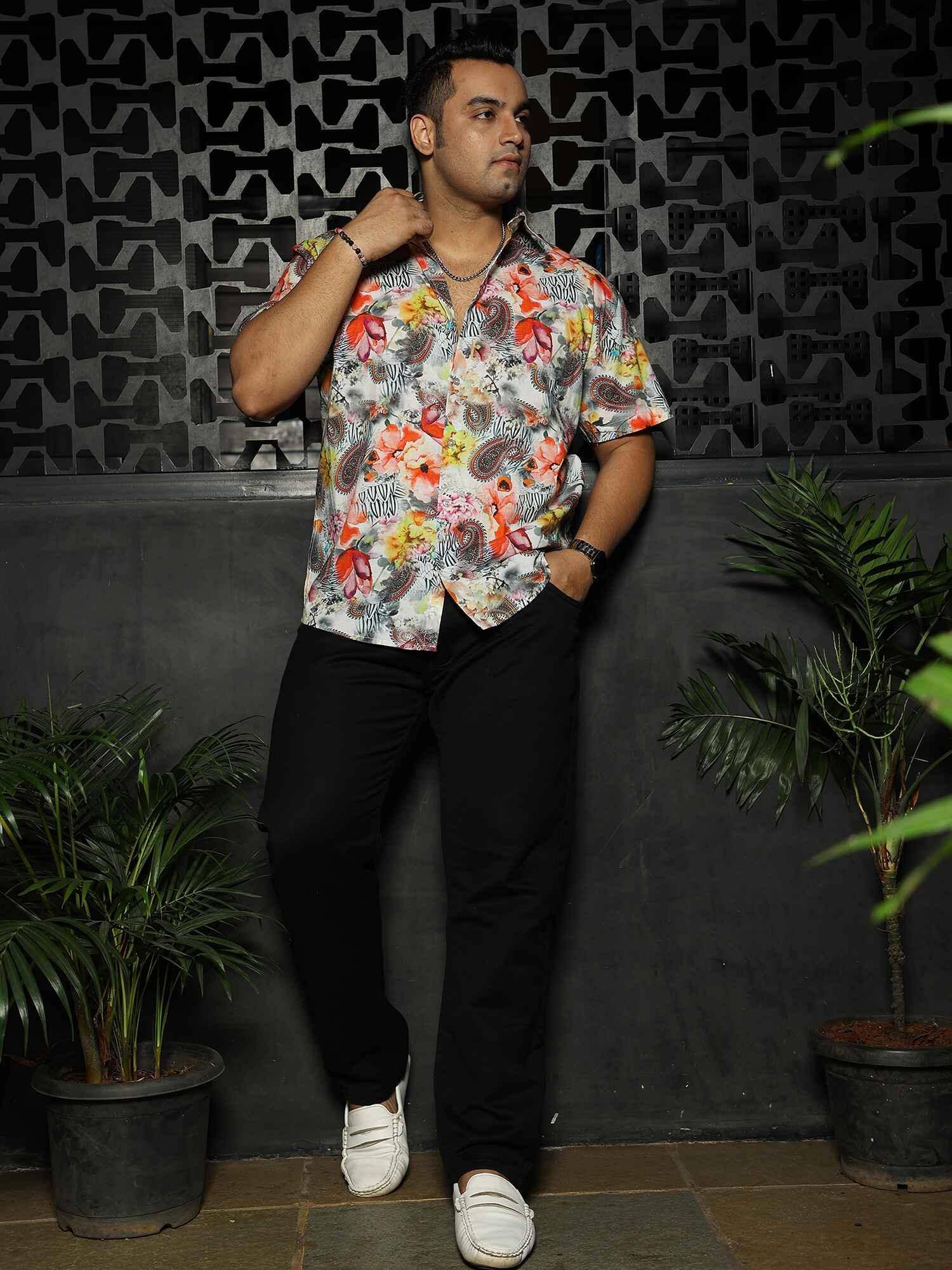 Floral Oriental Party Wear Half Shirt Men's Plus Size - Guniaa Fashions