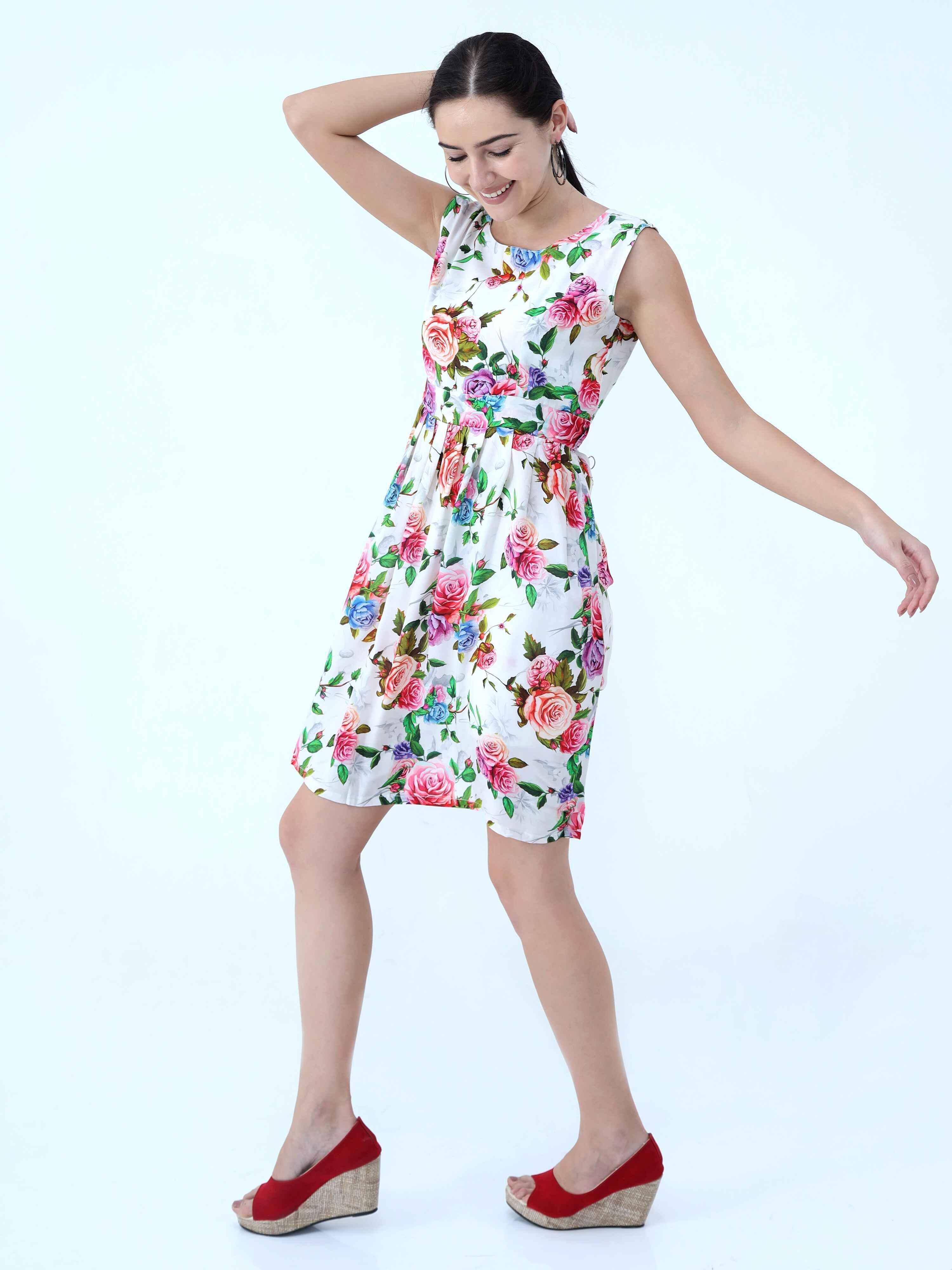 Floral Print Knee Length Dress - Guniaa Fashions