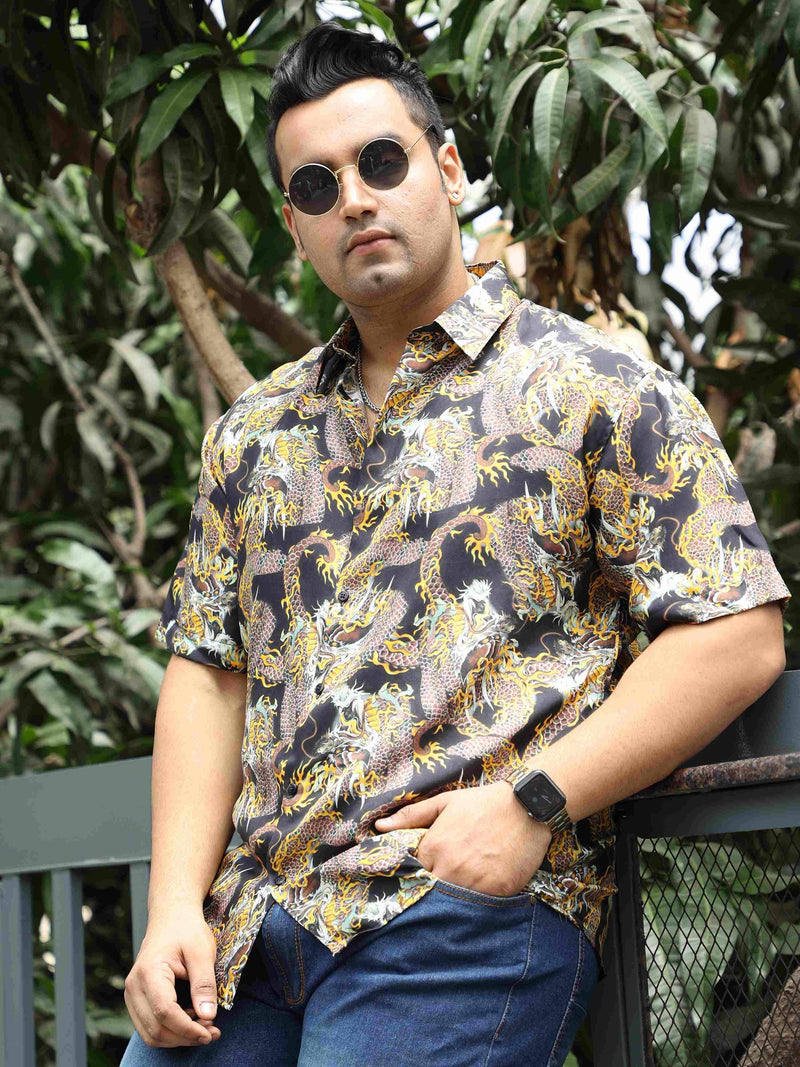 Home Golden Dragon Printed Silk Half Shirt Men's Plus Size