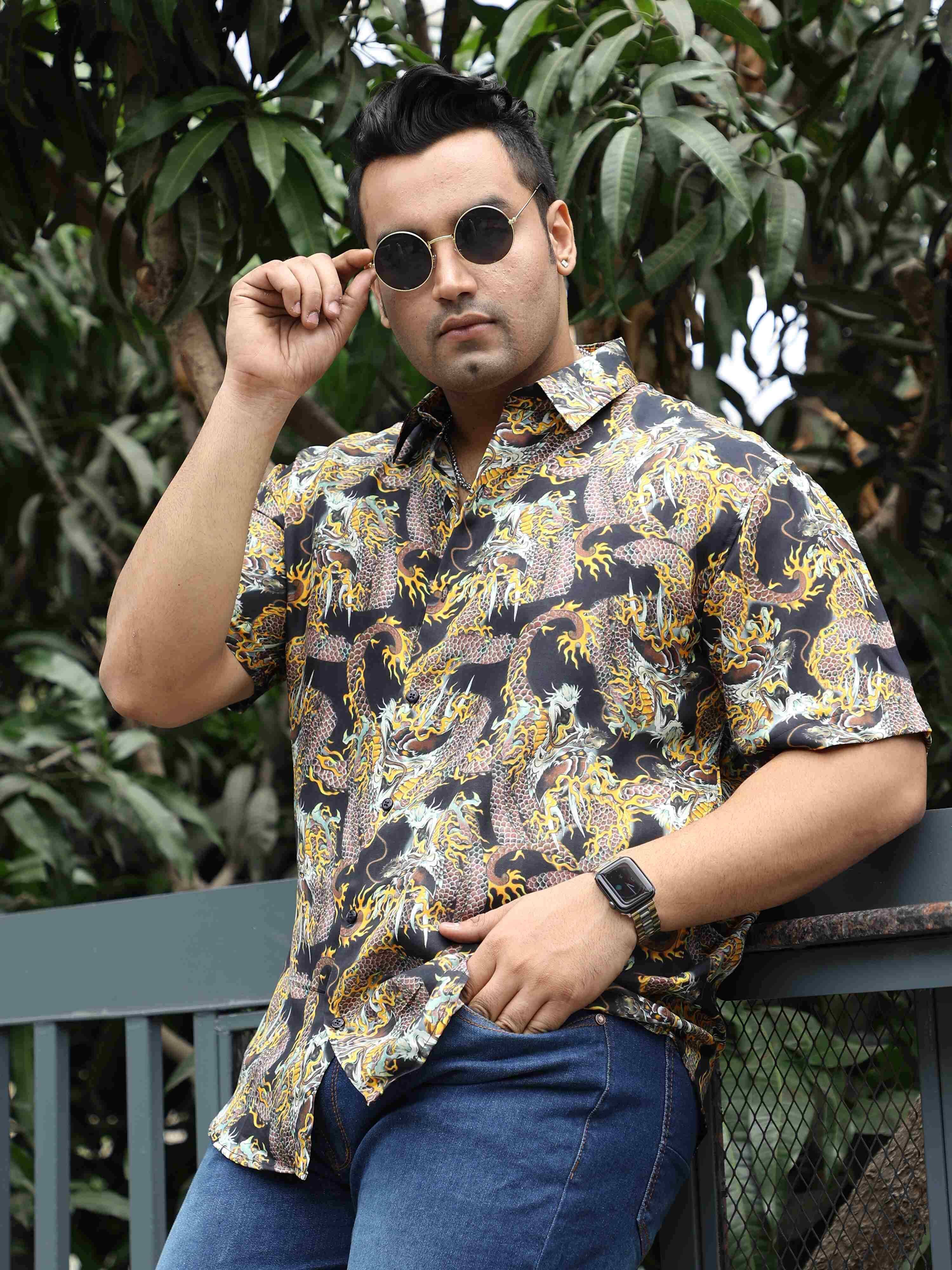 Golden Dragon Printed Silk Half Shirt Men's Plus Size - Guniaa Fashions