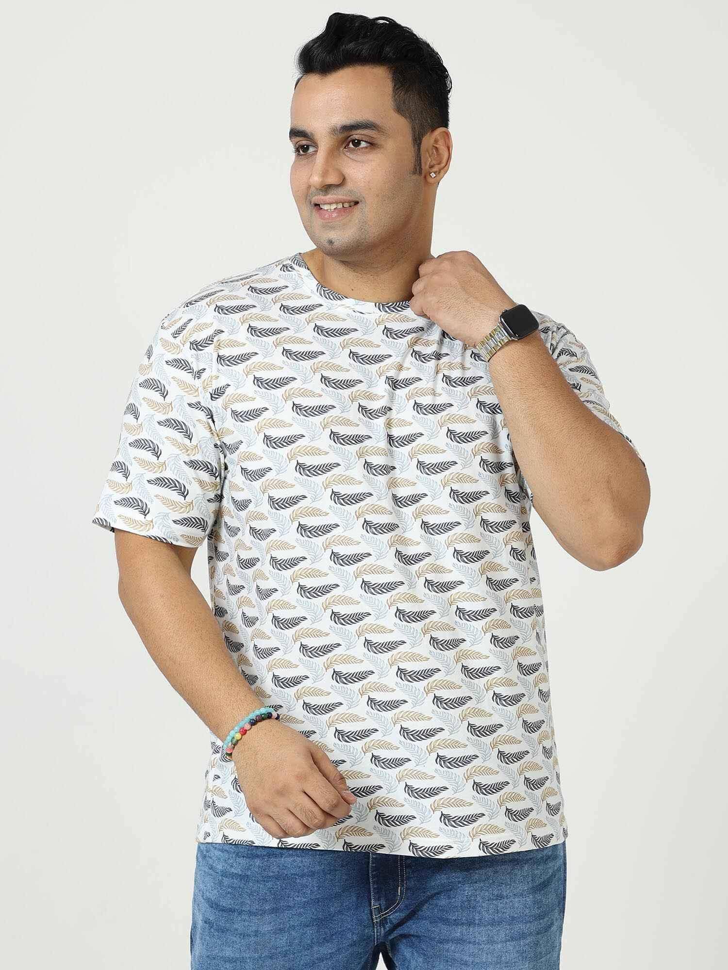 Golden Grey Leaf Digital Printed Round Neck T-Shirt Men's Plus Size - Guniaa Fashions