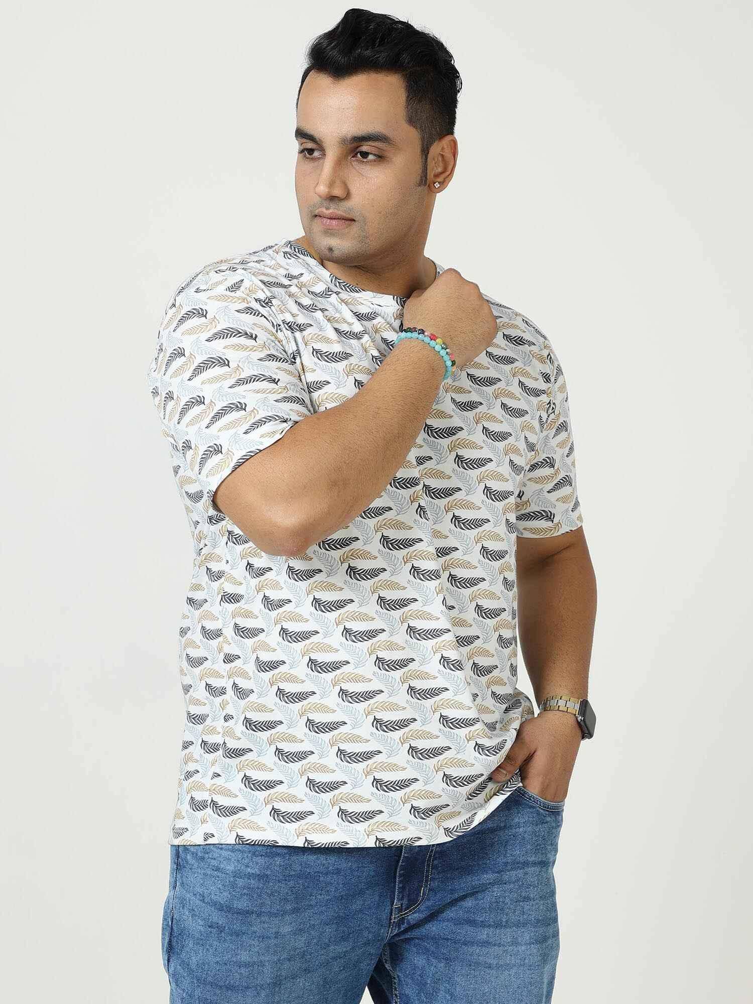 Golden Grey Leaf Digital Printed Round Neck T-Shirt Men's Plus Size - Guniaa Fashions