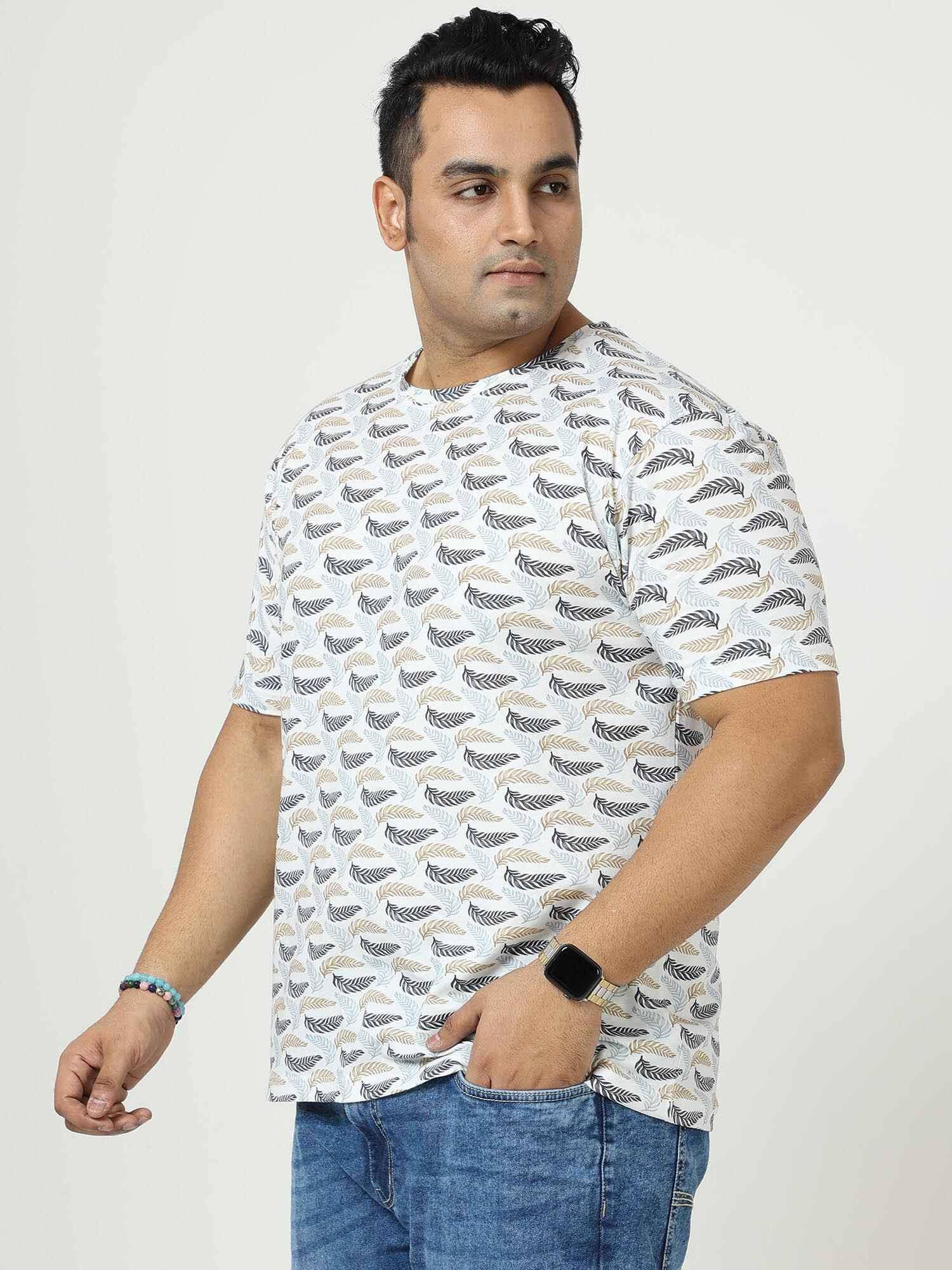 Golden Grey Leaf Digital Printed Round Neck T-Shirt Men's Plus Size - Guniaa Fashions