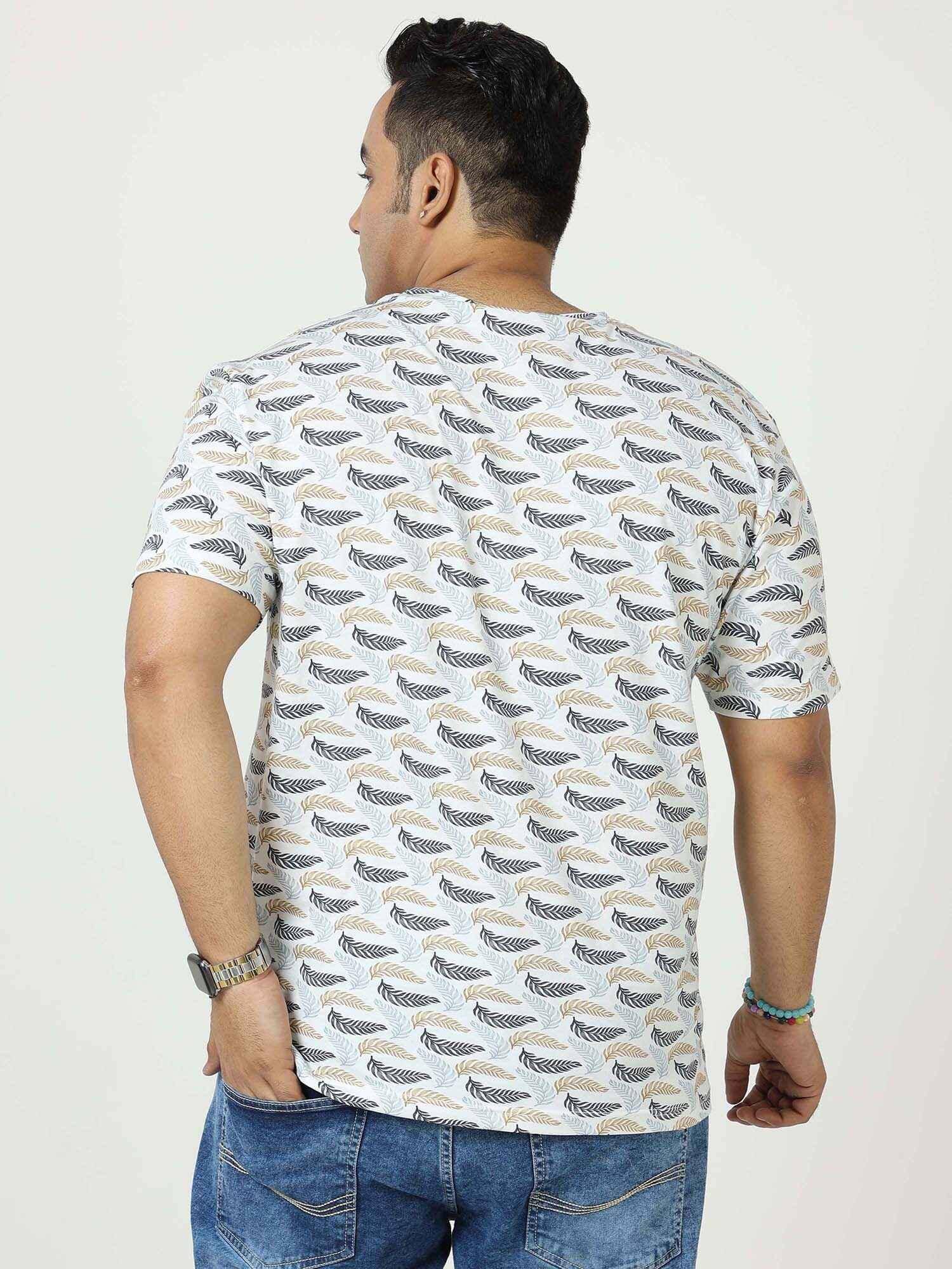 Golden Grey Leaf Digital Printed Round Neck T-Shirt Men's Plus Size - Guniaa Fashions