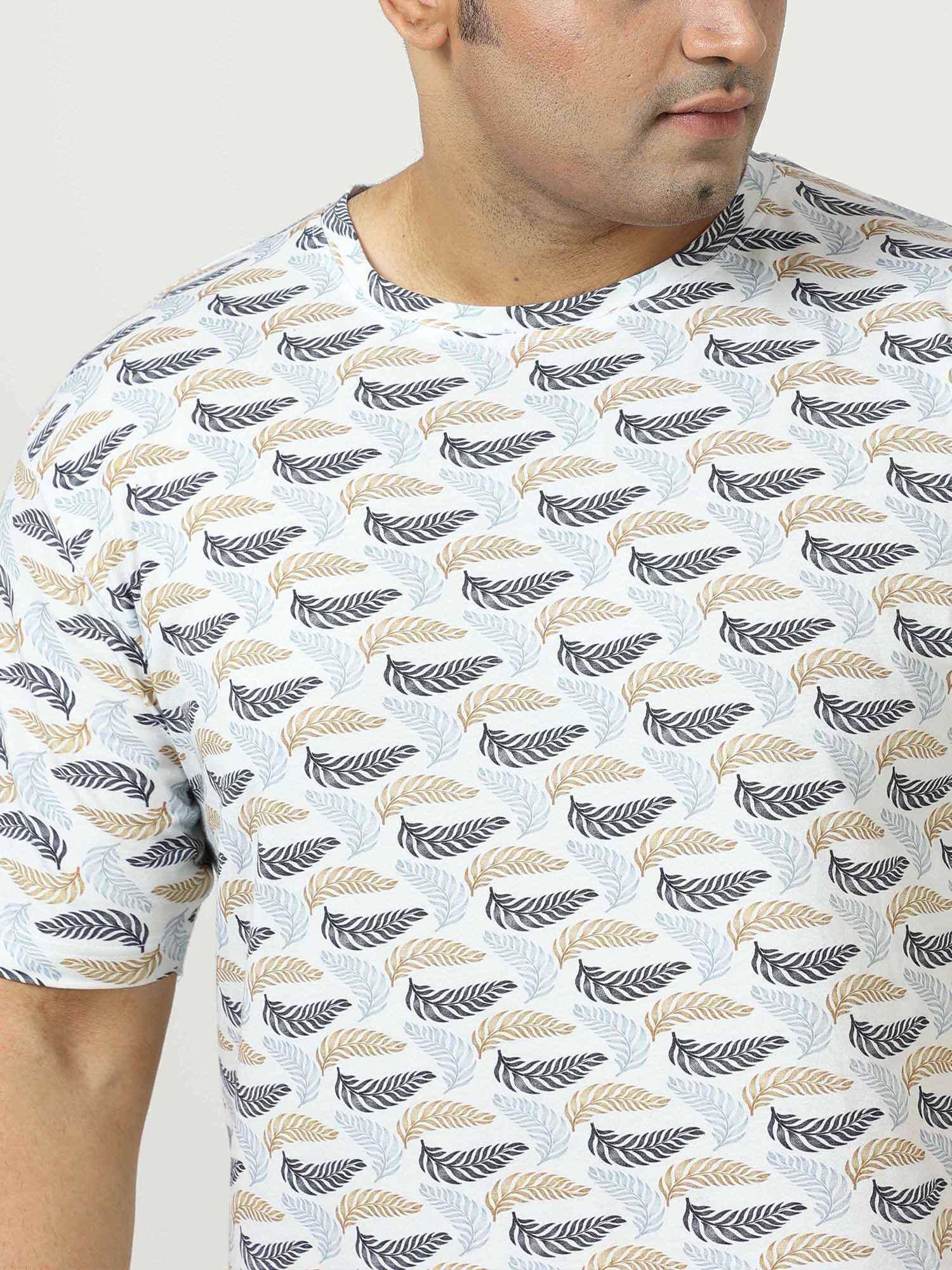 Golden Grey Leaf Digital Printed Round Neck T-Shirt Men's Plus Size - Guniaa Fashions