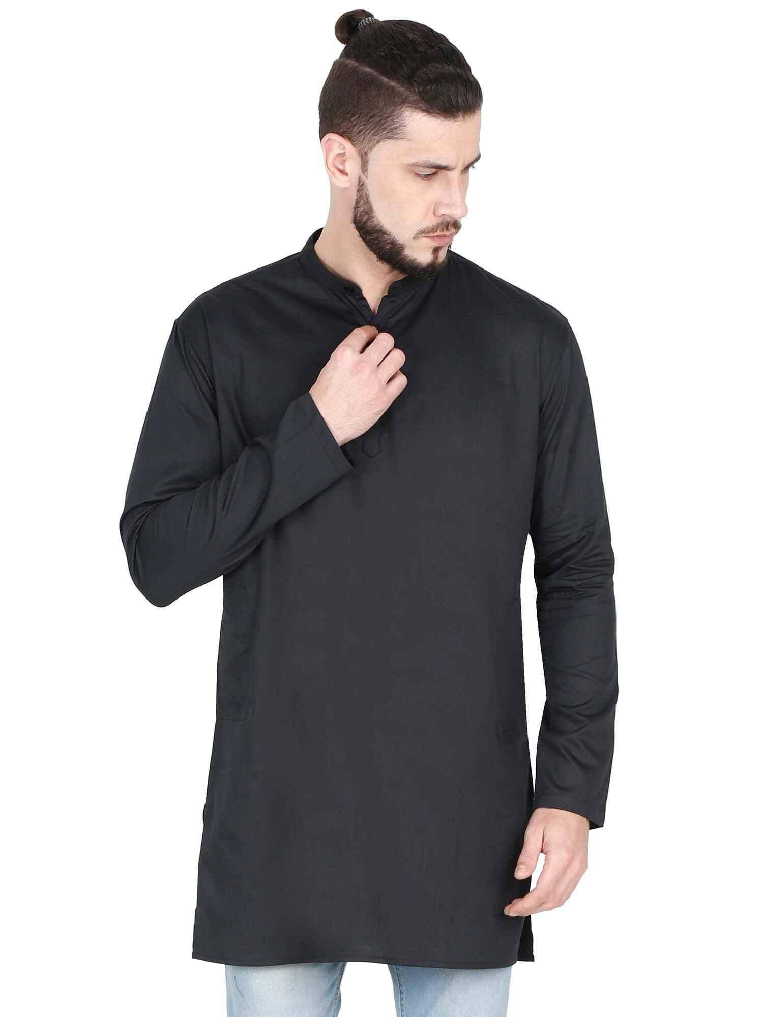 Guniaa Black Solids Giza Cotton Long Kurta - Guniaa Fashions