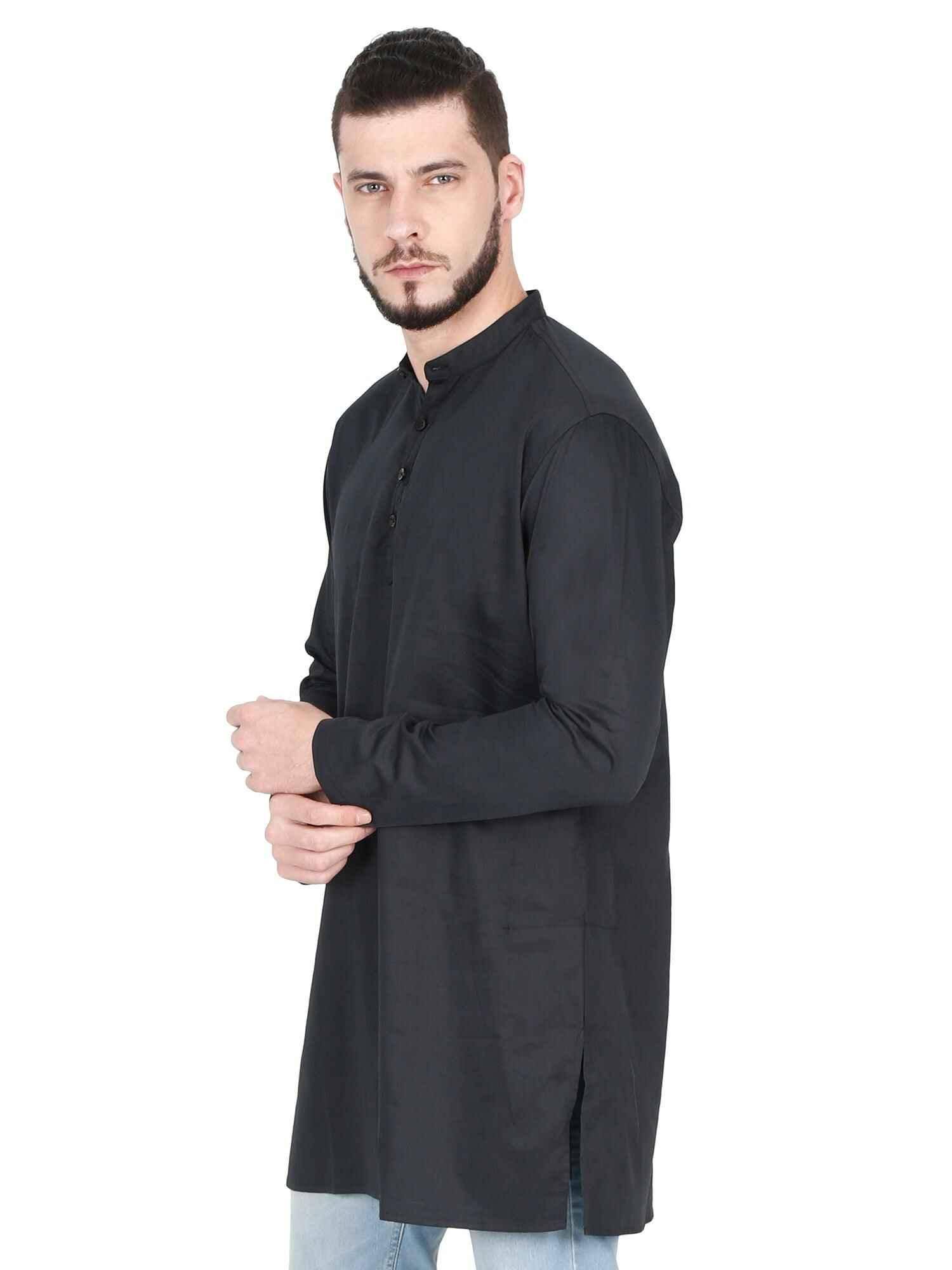 Guniaa Black Solids Giza Cotton Long Kurta - Guniaa Fashions