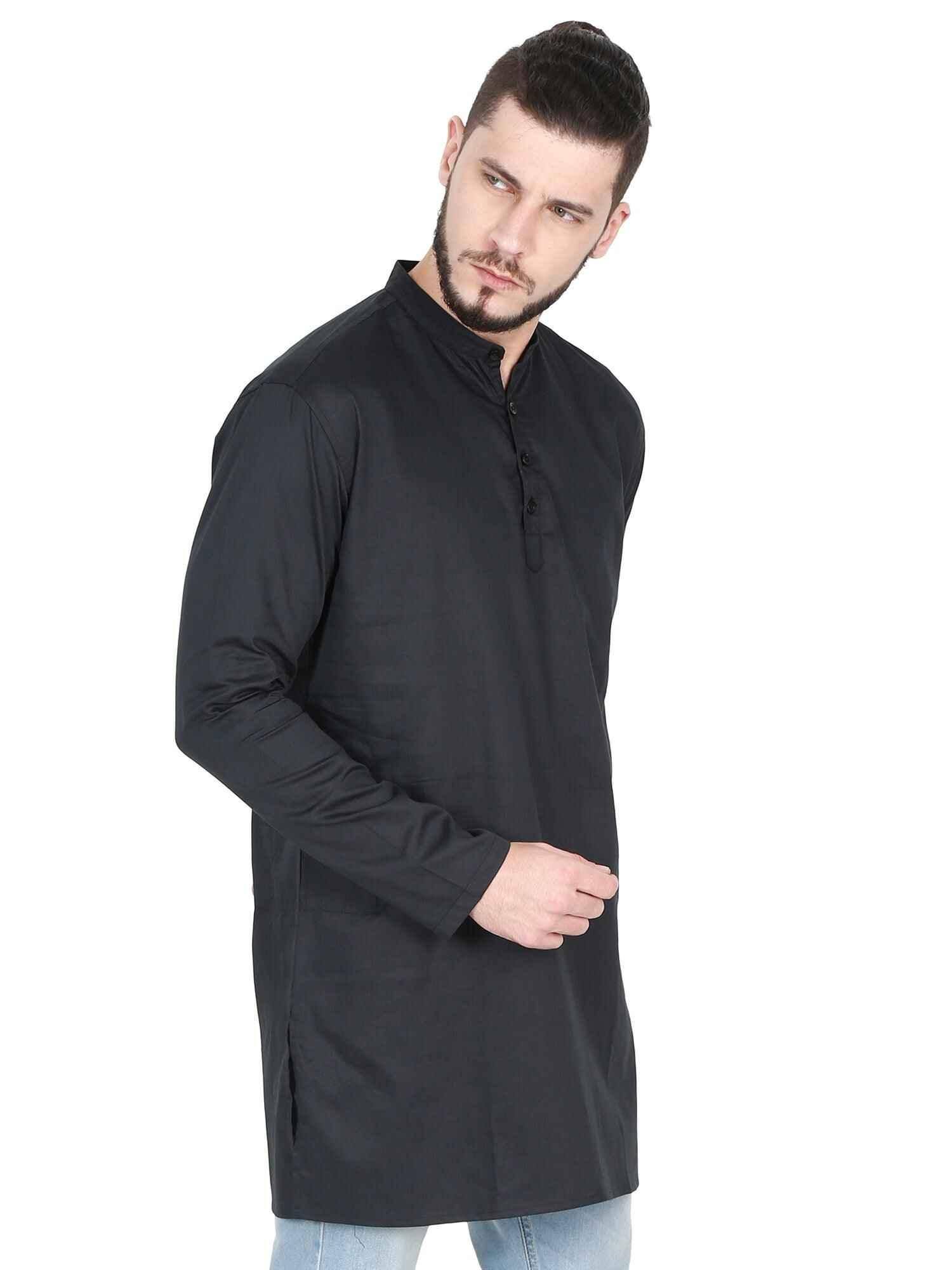 Guniaa Black Solids Giza Cotton Long Kurta - Guniaa Fashions