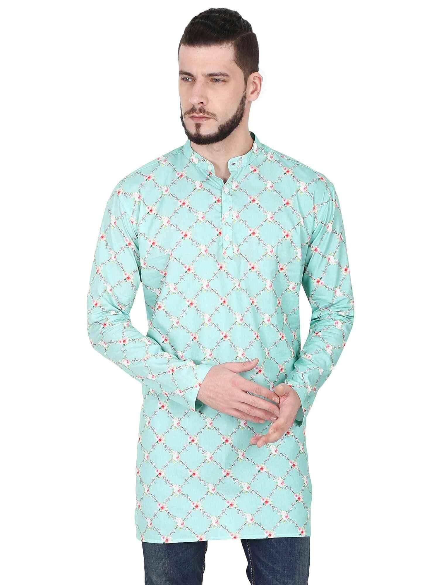 Guniaa Sky Blue Digital Printed Giza Cotton Long Kurta - Guniaa Fashions