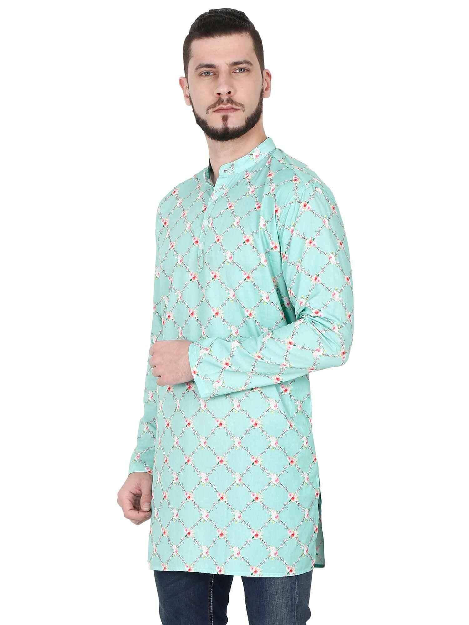 Guniaa Sky Blue Digital Printed Giza Cotton Long Kurta - Guniaa Fashions