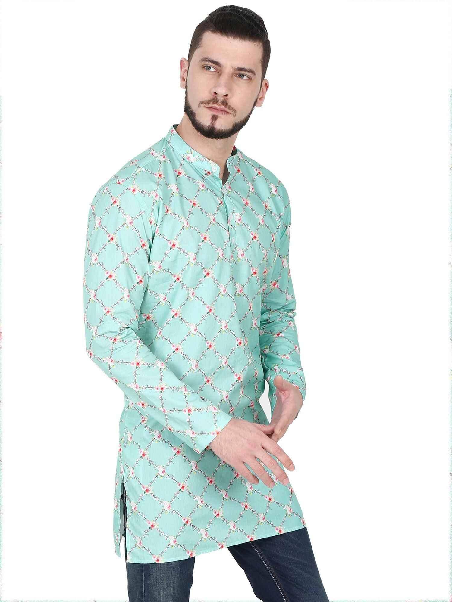 Guniaa Sky Blue Digital Printed Giza Cotton Long Kurta - Guniaa Fashions