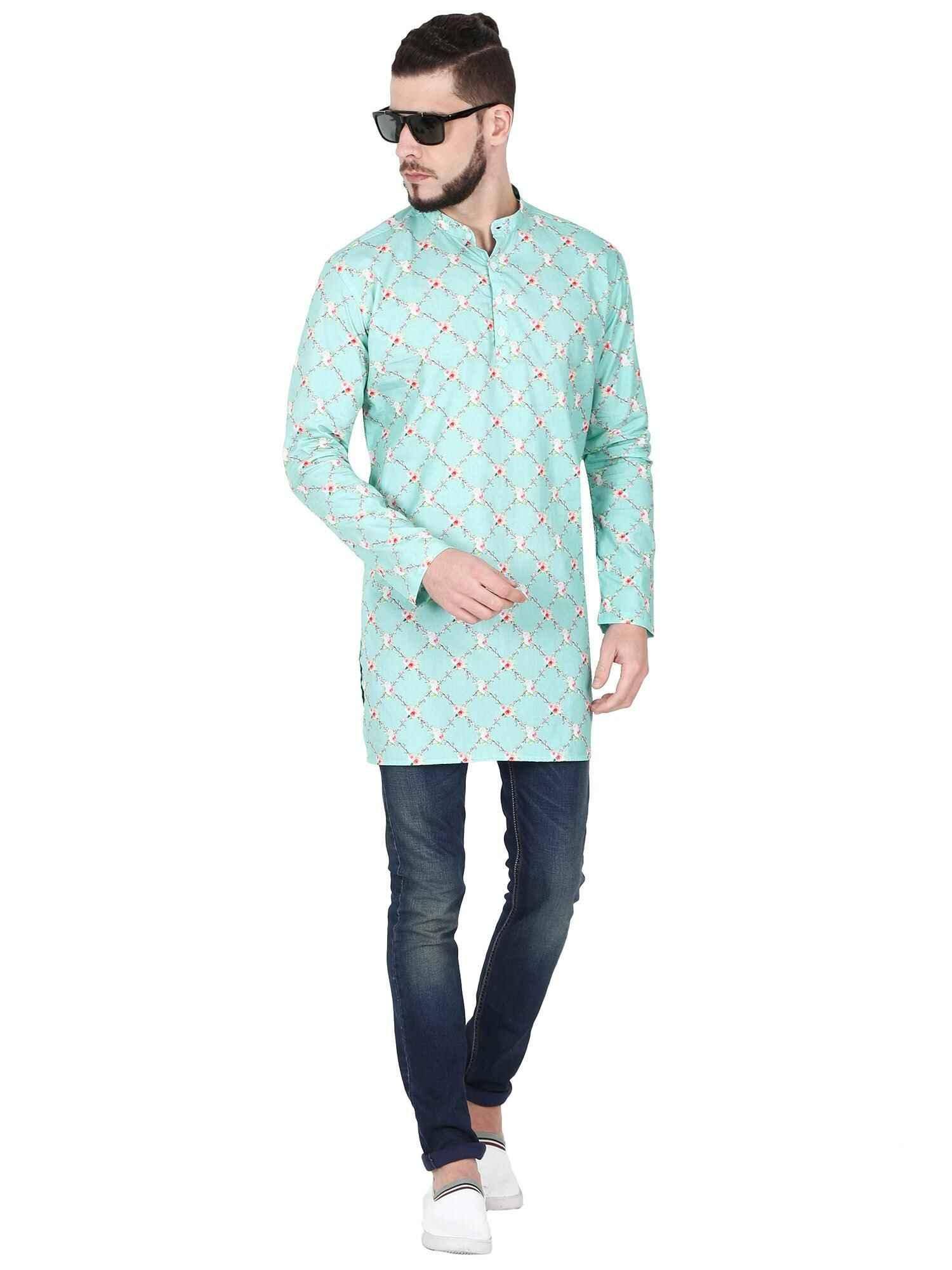 Guniaa Sky Blue Digital Printed Giza Cotton Long Kurta - Guniaa Fashions