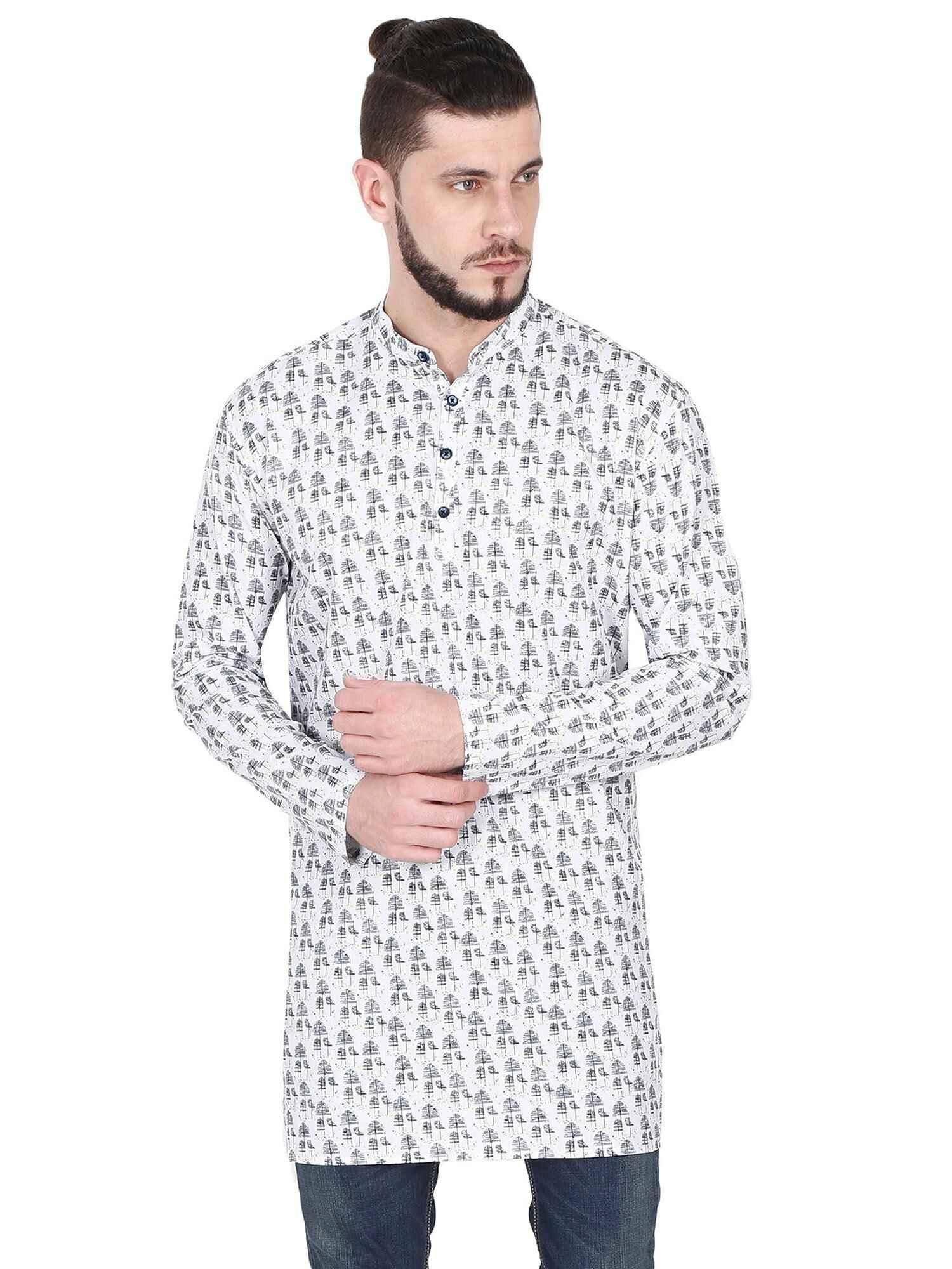 Guniaa White Digital Printed Giza Cotton Long Kurta - Guniaa Fashions