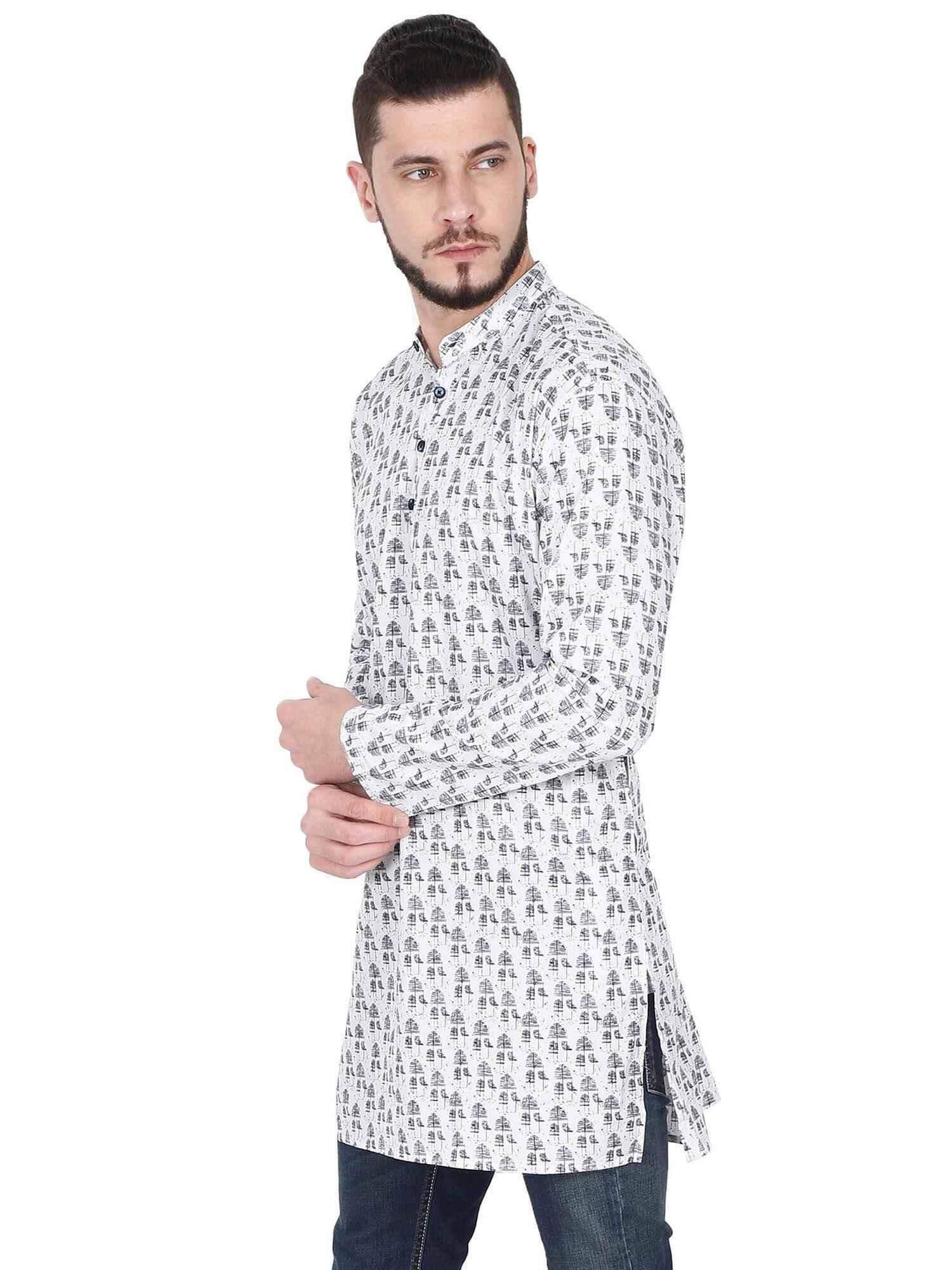 Guniaa White Digital Printed Giza Cotton Long Kurta - Guniaa Fashions